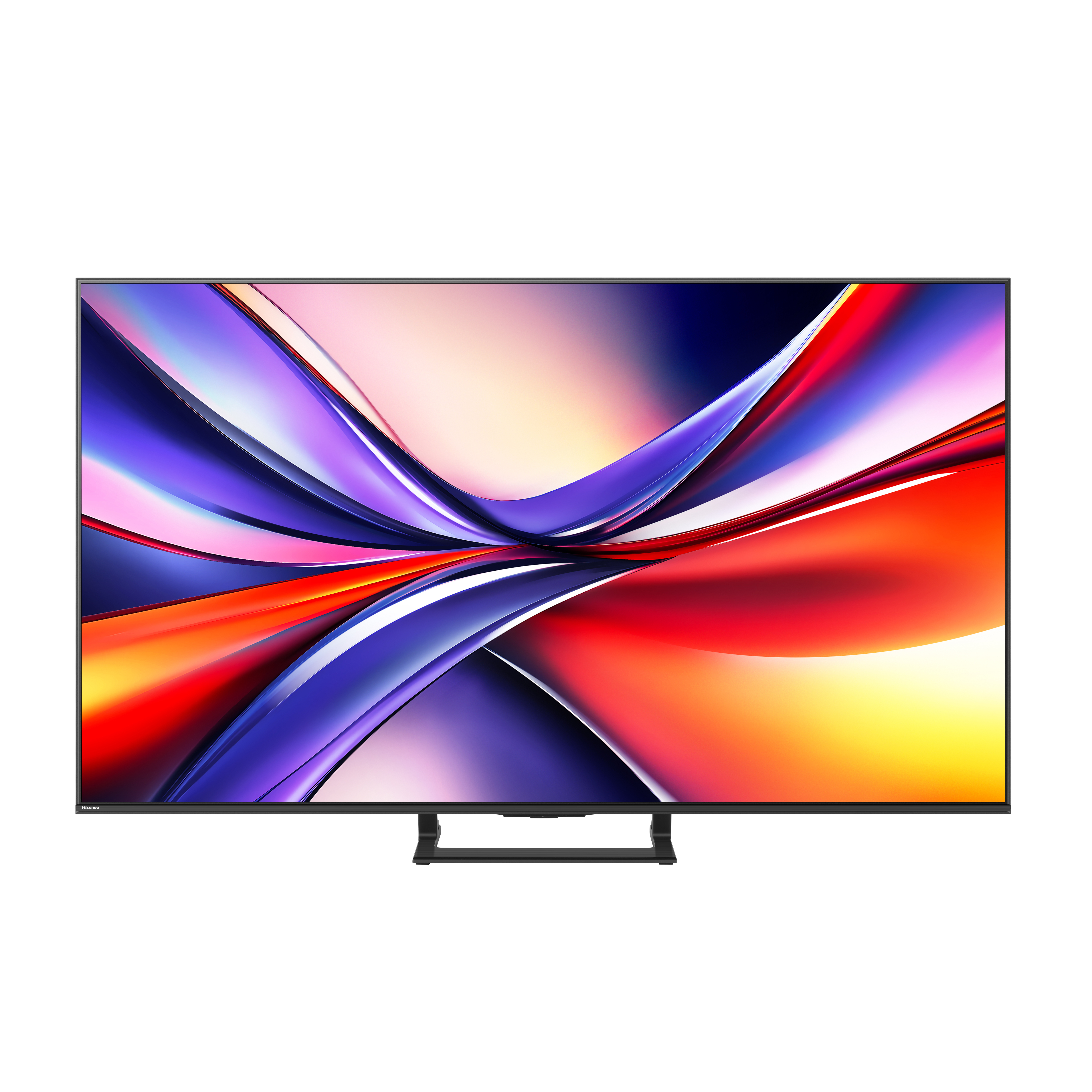 Ein schwarzer Fernseher zeigt farbenfrohe abstrakte Kunst. Der Fernseher steht auf einem Ständer vor weißem Hintergrund.