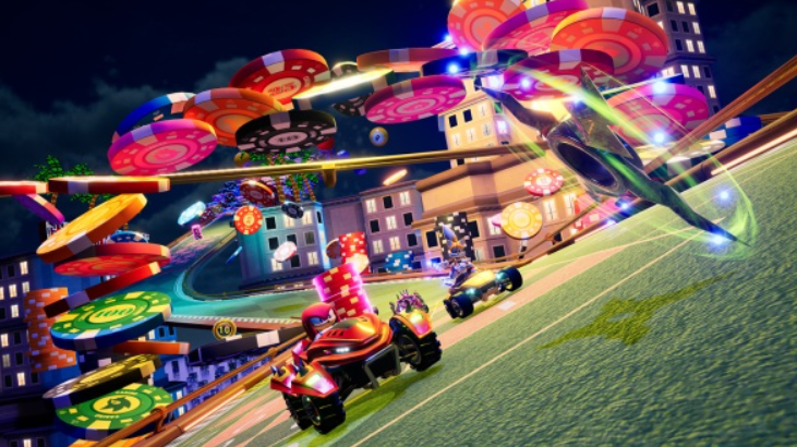 Rennwagen auf einer Rennstrecke aus Casino-Chips, die nachts durch eine Stadt fliegen. Chips in verschiedenen Farben füllen den Himmel.