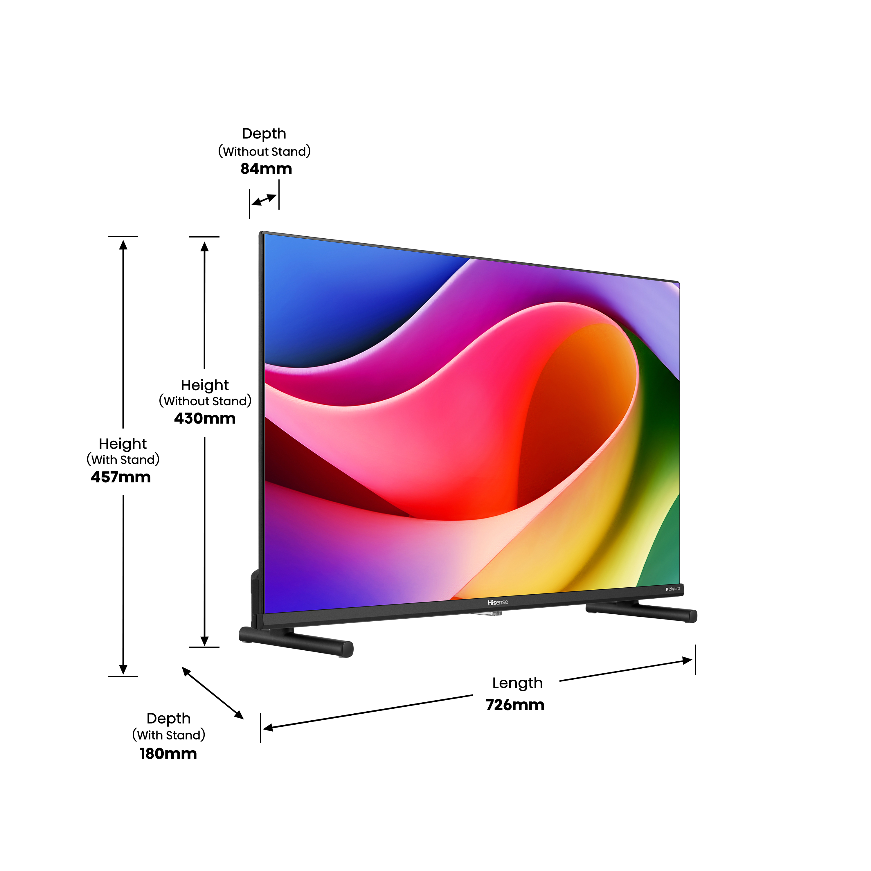 Ein Hisense-Fernseher zeigt bunte abstrakte Kunst. Abmessungen werden angezeigt: Höhe, Tiefe und Länge.