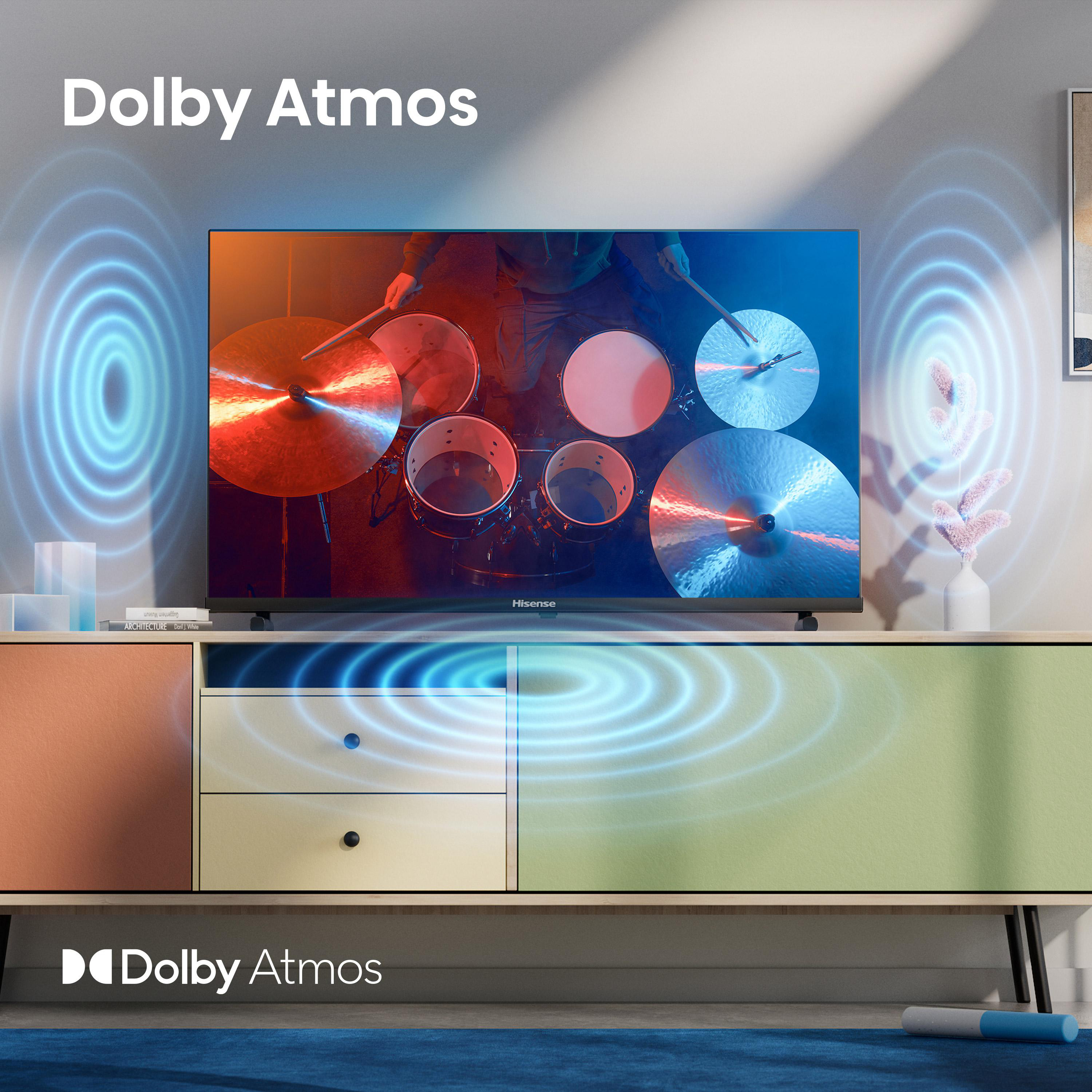 Fernseher zeigt Schlagzeuger. Schallwellen gehen aus. Schrank darunter. Dolby Atmos Logo sichtbar.