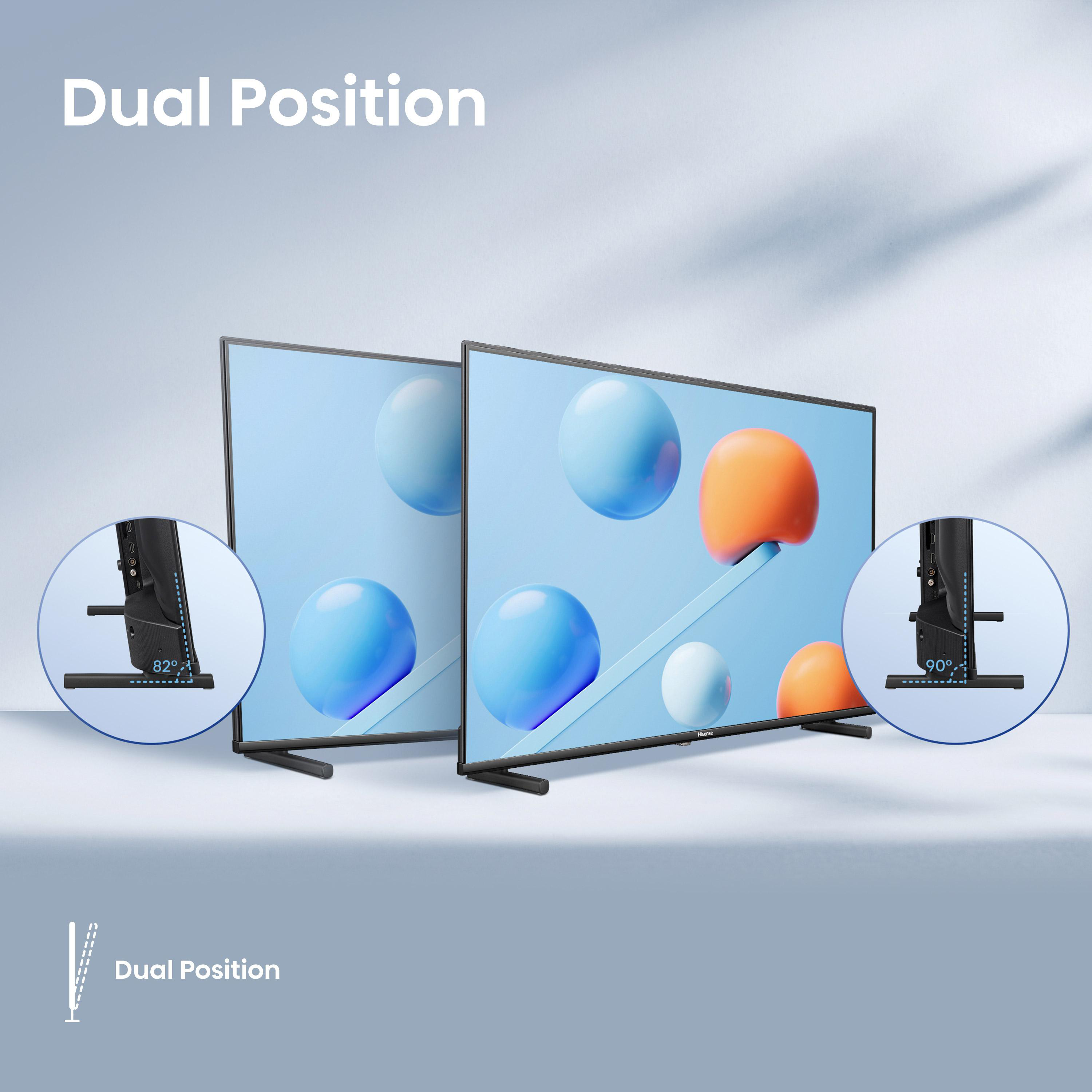 Zwei Fernseher mit blauem Kugel-Hintergrund. TV-Beine zeigen 82° und 90° Winkel, beschriftet als Dual-Position.