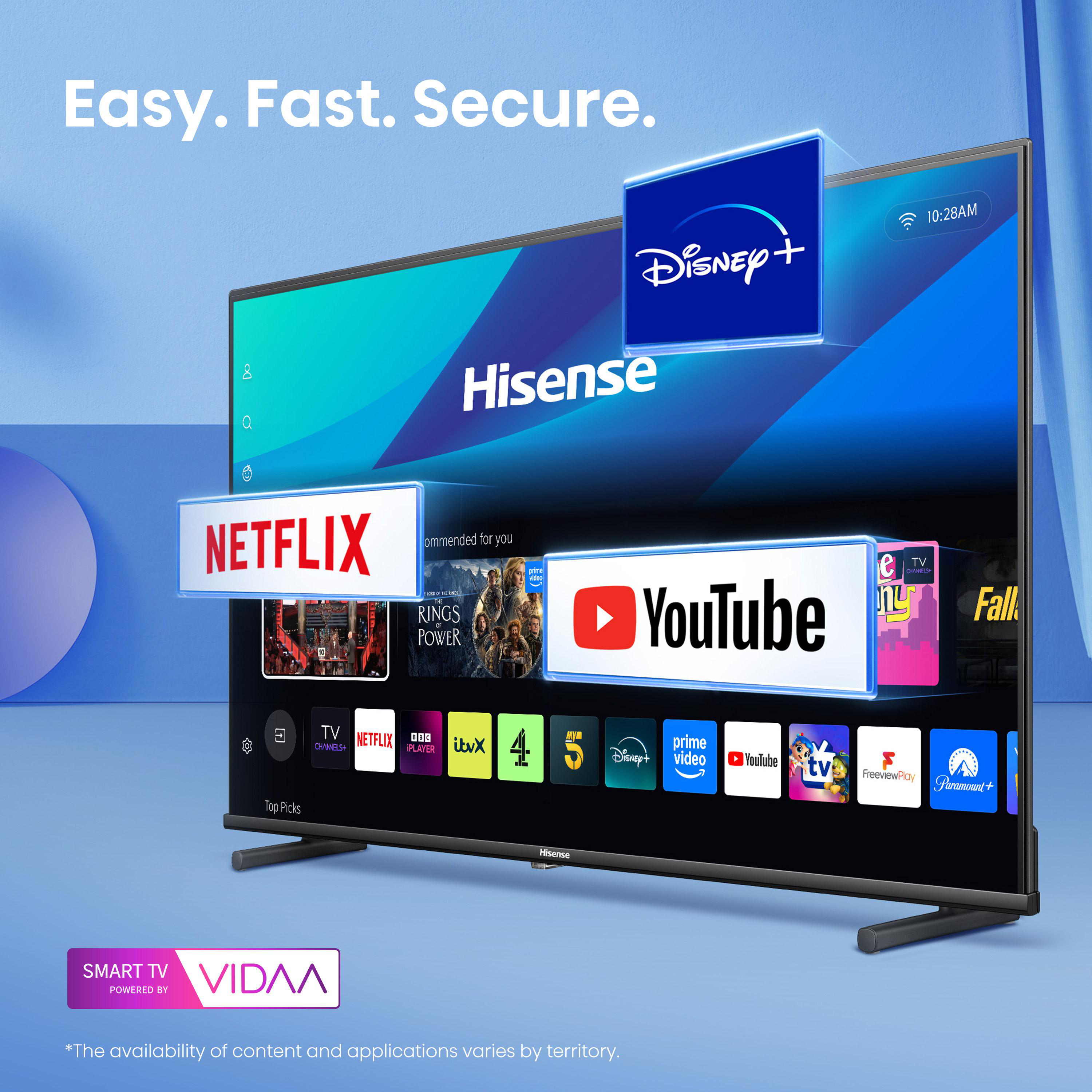Ein Hisense Smart-TV zeigt Streaming-Apps wie Netflix, YouTube und Disney+ auf blauem Hintergrund. Text lautet: 'Easy. Fast. Secure.'