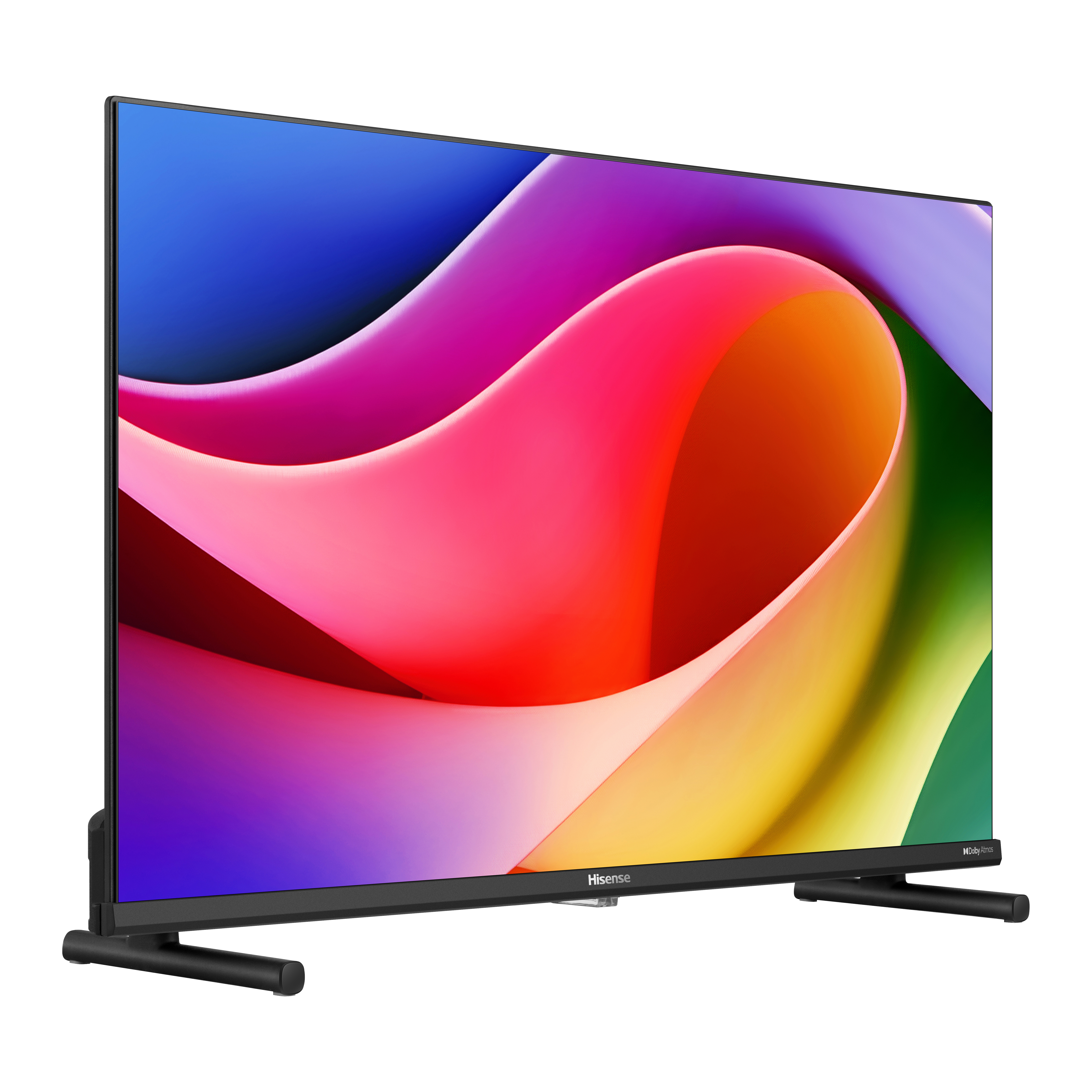 Ein Hisense-Fernseher zeigt ein farbenfrohes, abstraktes Bild. Er steht auf schwarzen Füßen. Der Fernseher ist leicht angewinkelt.