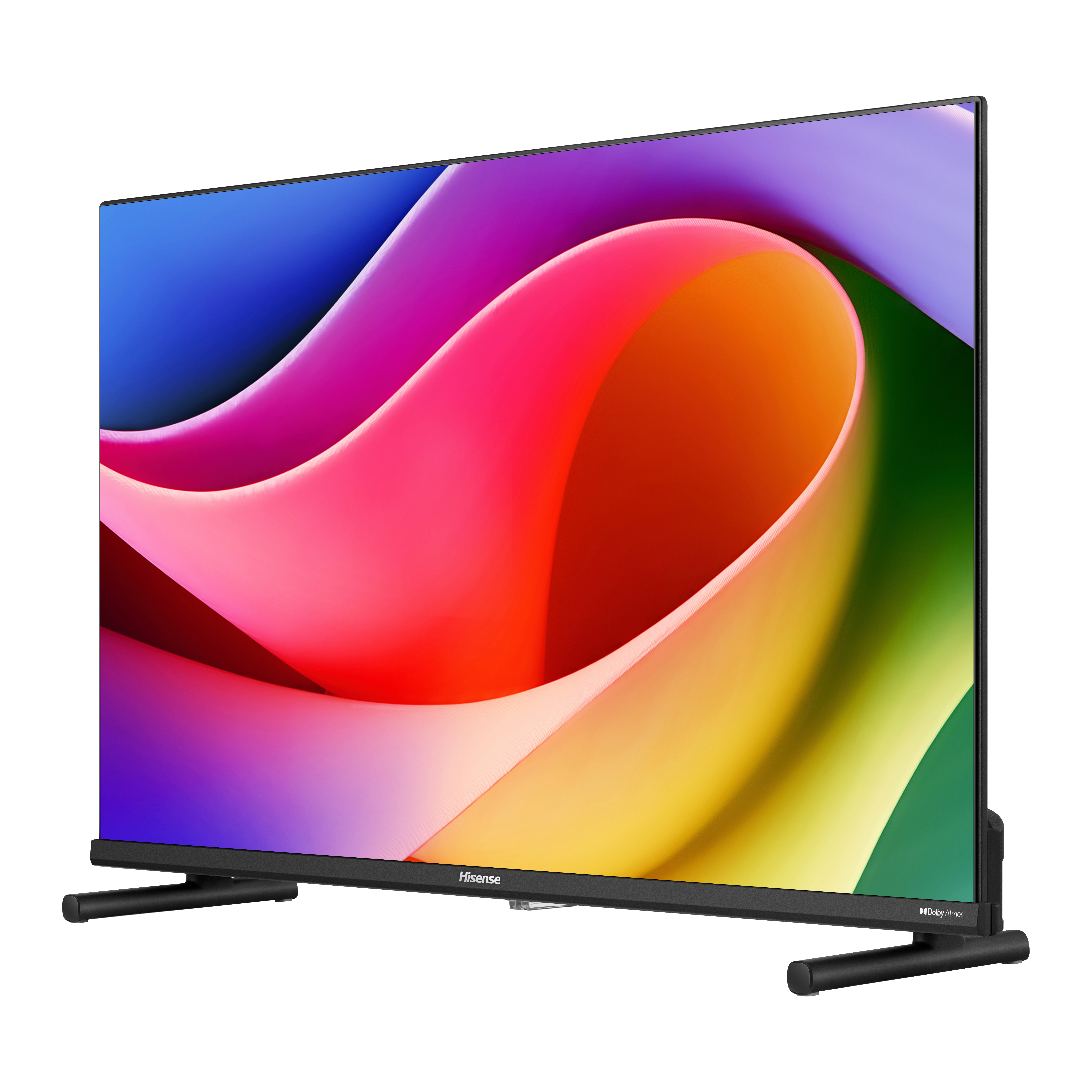 Ein Hisense-Fernseher zeigt eine farbenfrohe, abstrakte Grafik. Der Fernseher hat schwarze Beine und einen Rahmen. Der Hintergrund ist weiß.