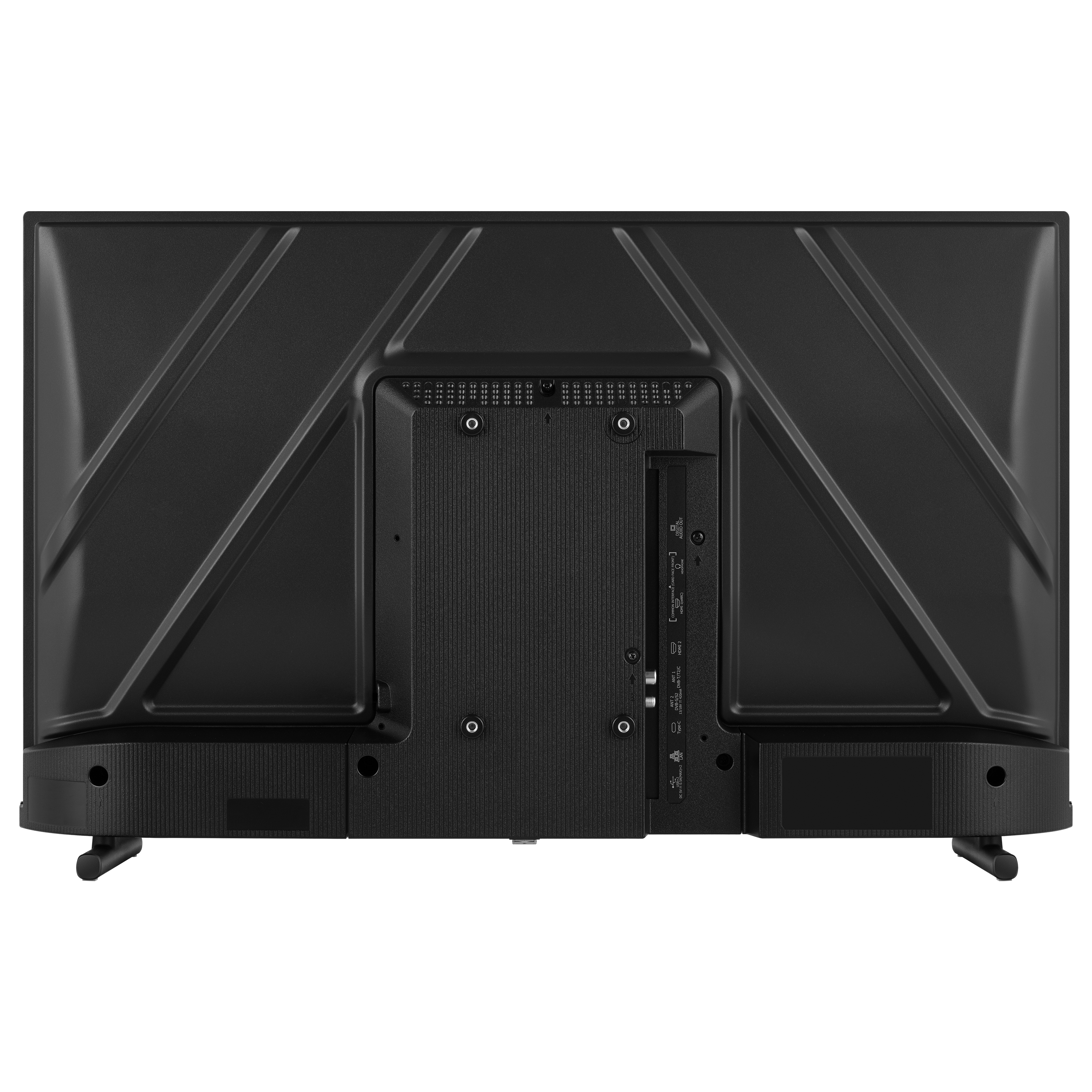 Rückseite eines schwarzen Fernsehers. Zu den Merkmalen gehören Anschlüsse, Befestigungslöcher und ein strukturiertes Oberflächendesign.