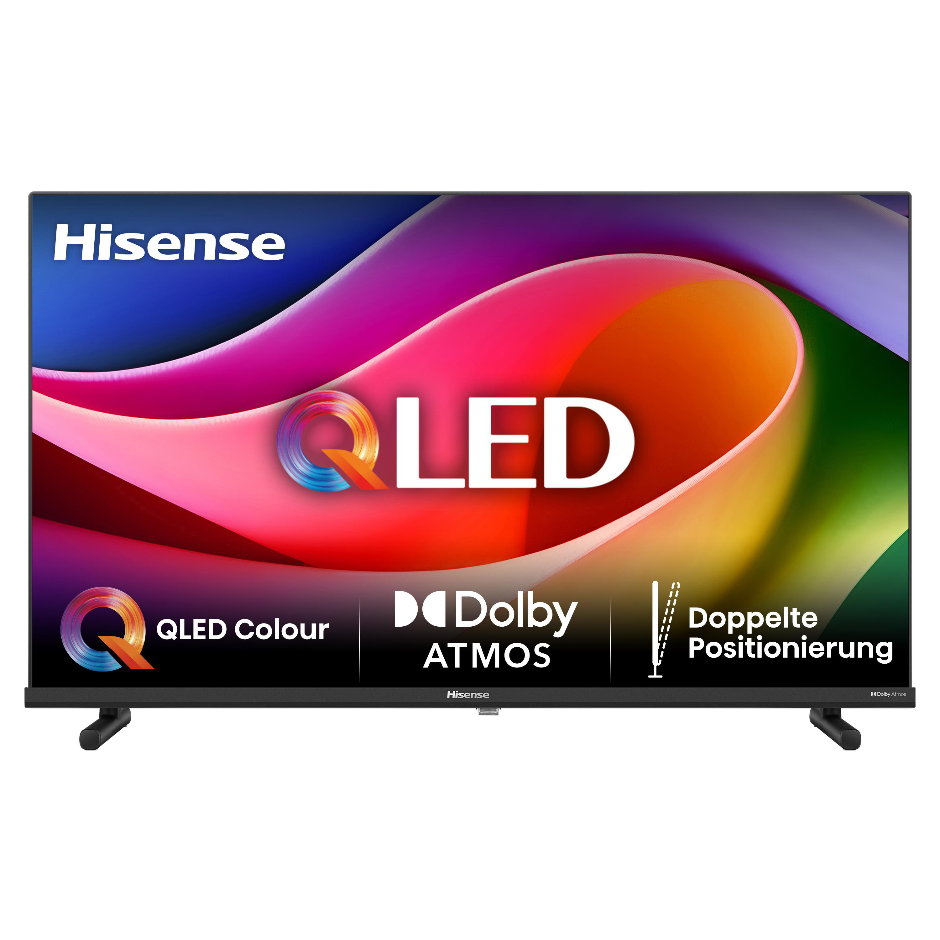 Hisense QLED-Fernseher. Buntes abstraktes Hintergrundbild mit Dolby Atmos und Doppelpositionierungsfunktionen.