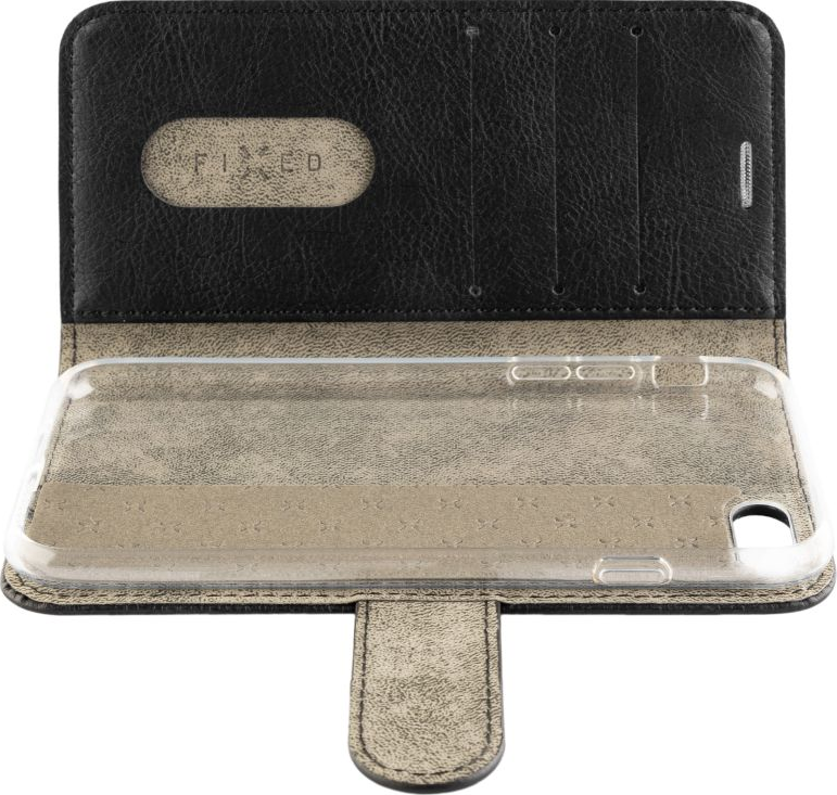 Étui de téléphone en cuir noir et beige, ouvert, avec support de téléphone en plastique transparent. Le mot 'FIXED' est en haut.