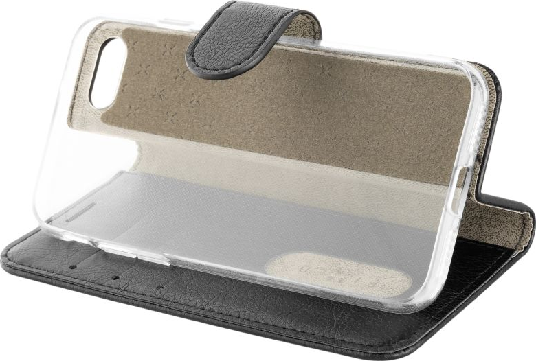 Étui de téléphone en cuir noir ouvert. Support de téléphone transparent à l'intérieur. L'étui a une fermeture magnétique. L'intérieur est beige et gris clair.