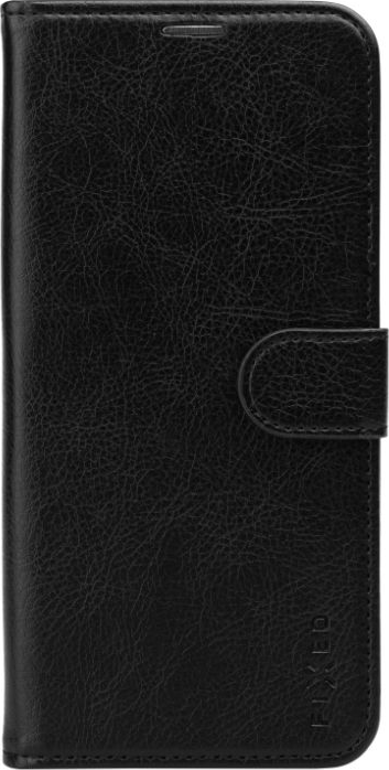 Étui de téléphone en cuir noir avec fermeture magnétique. L'étui a une surface texturée et le mot FIXED est visible.