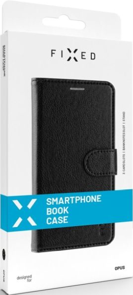 Étui livre noir pour smartphone dans une boîte blanche. La boîte porte la marque FIXED. Texte: Étui livre pour smartphone. Texture cuir noir.