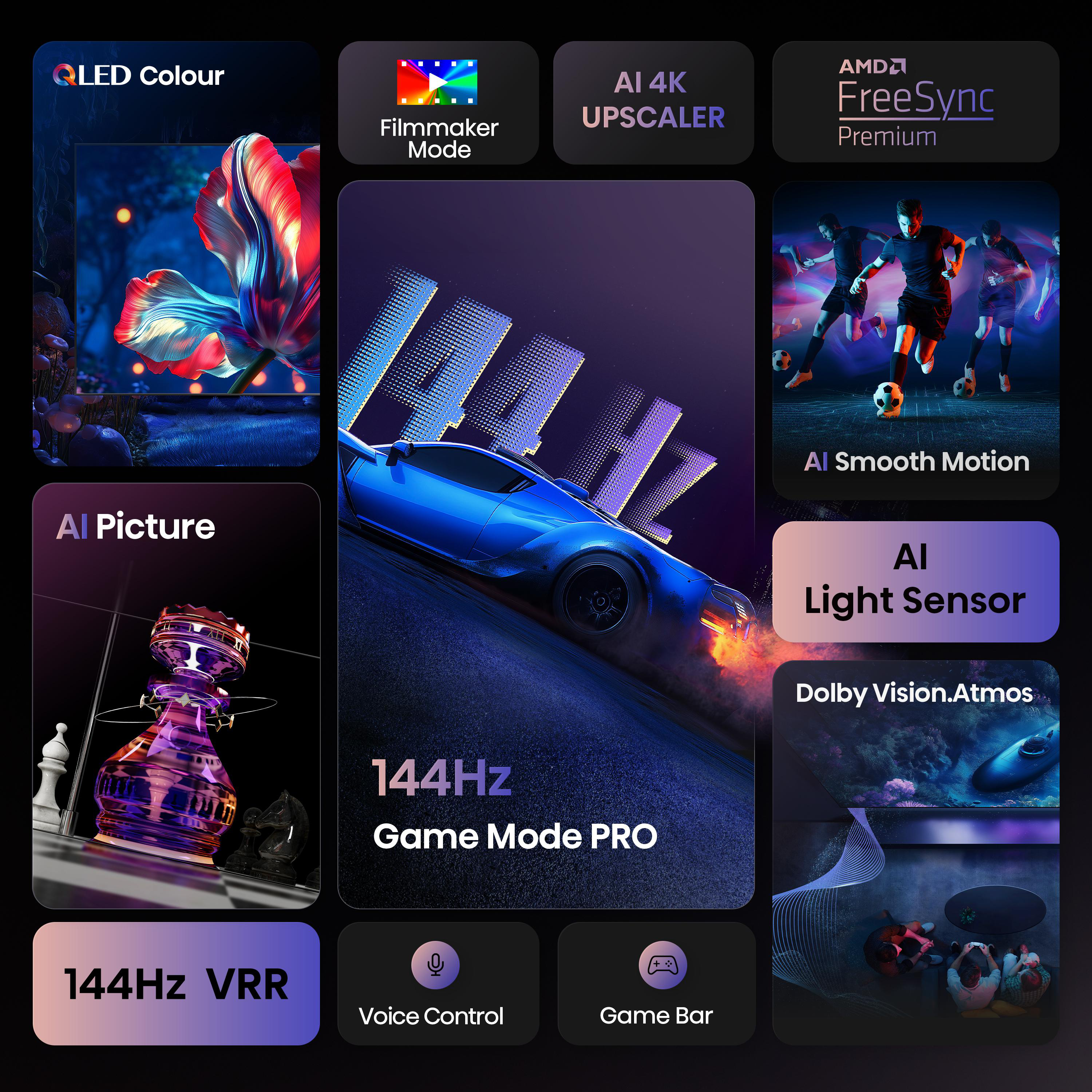 TV-Funktionen: QLED, KI-Bild, 144 Hz, FreeSync, Filmmaker-Modus, Sprachsteuerung, Game-Bar und Dolby Vision.Atmos.