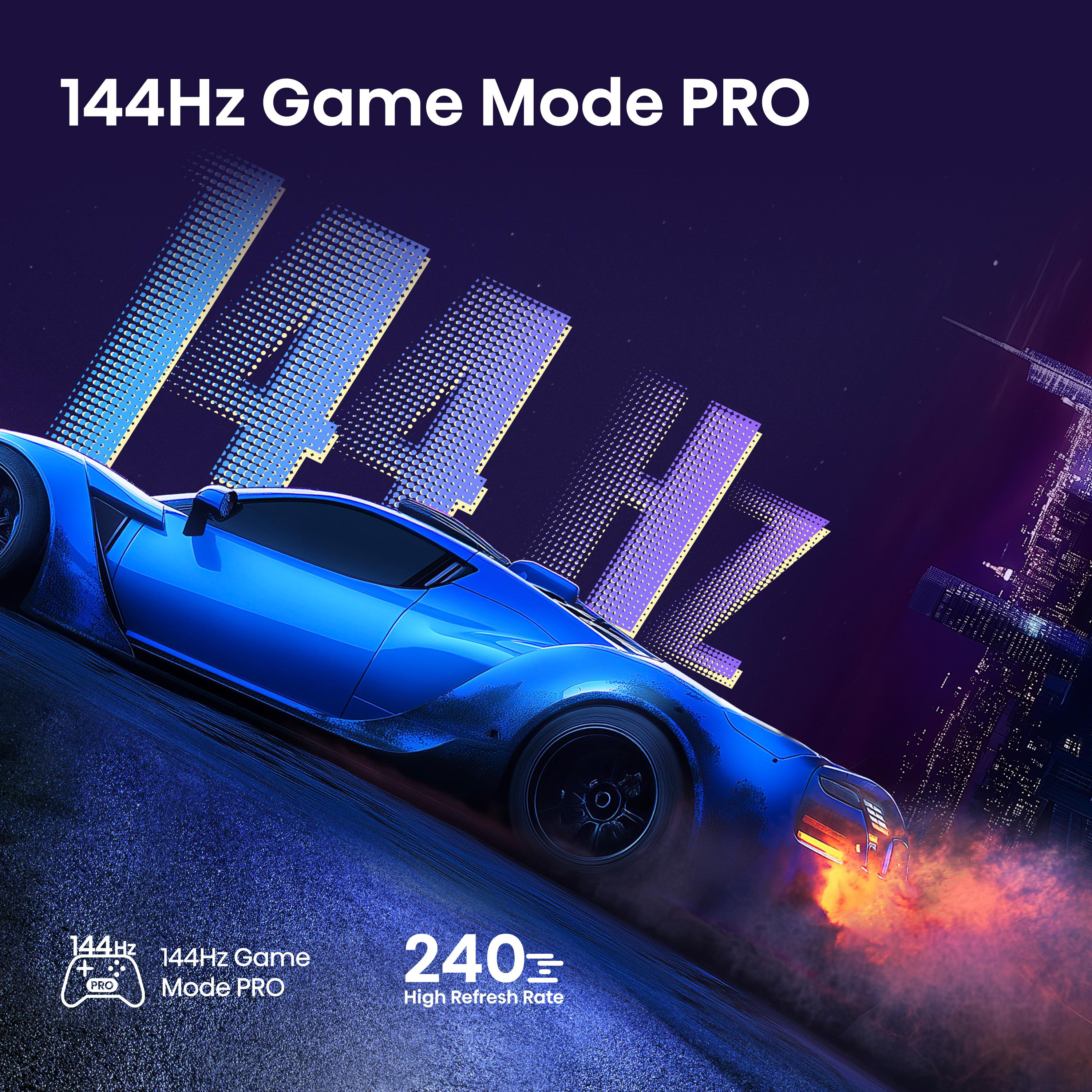 Blauer Sportwagen im Rennen, mit Text: 144Hz Game Mode PRO, 240 und einem Stadtbild im Hintergrund.