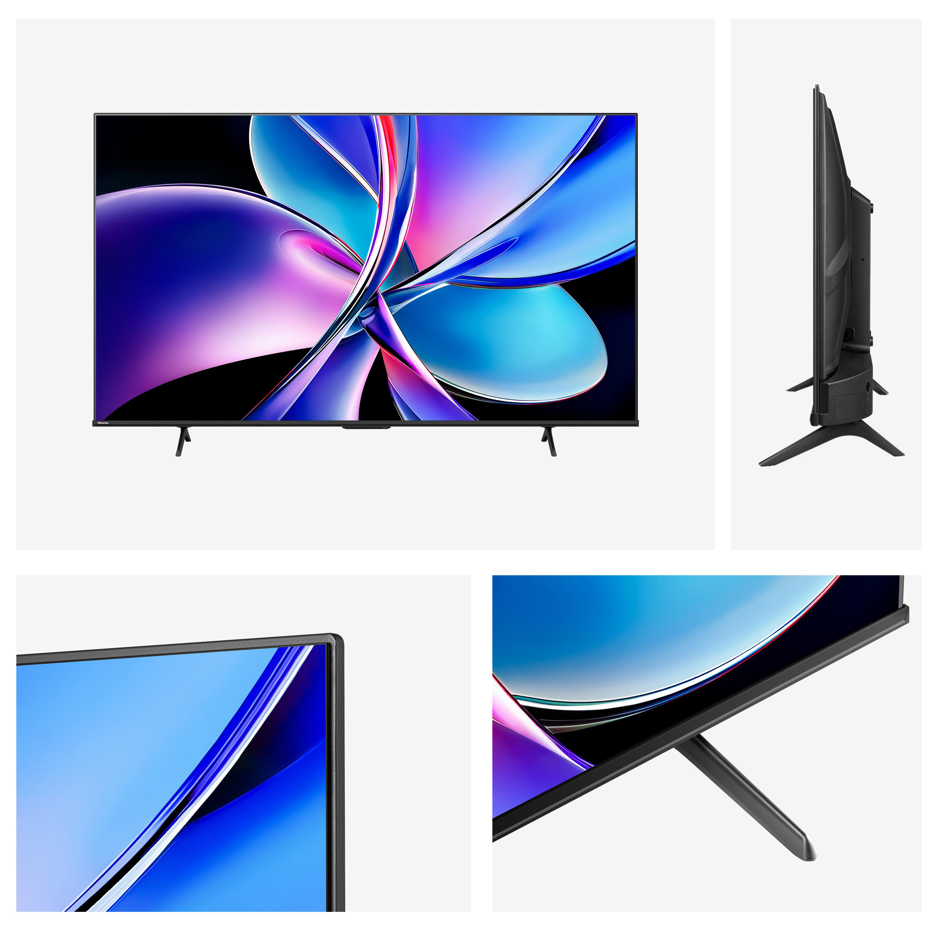 Ein Hisense-Fernseher mit abstrakter Kunst. Der Fernseher hat einen schwarzen Rahmen und Beine. Der Hintergrund ist weiß.