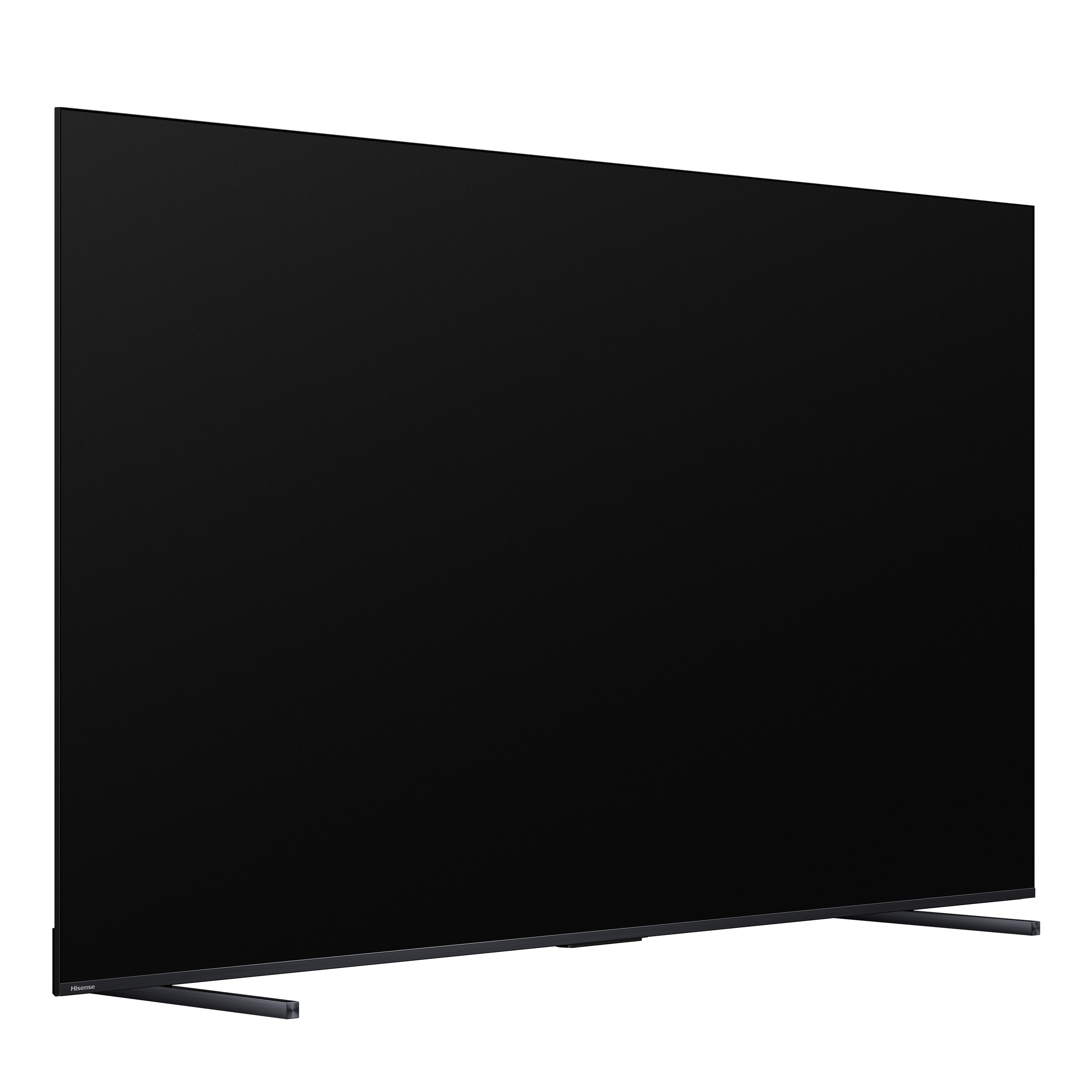 Großer schwarzer Hisense-Fernseher auf weißem Hintergrund. Es hat dunkle Beine und einen schwarzen Bildschirm.