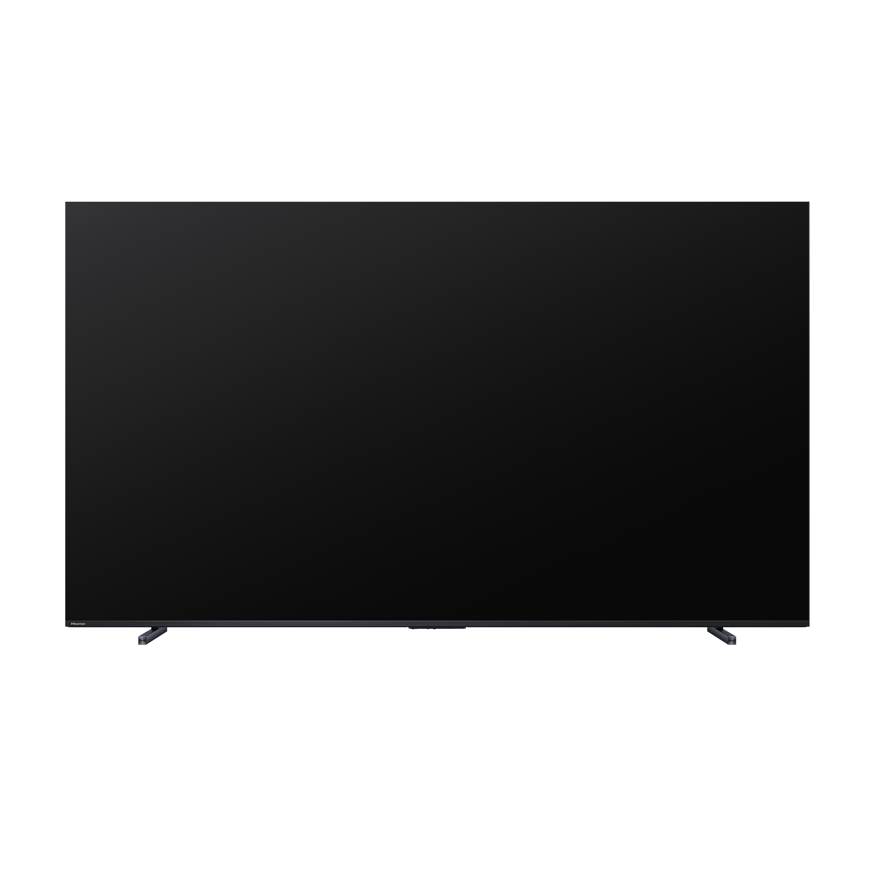Ein großer schwarzer Fernseher mit schwarzem Bildschirm. Er hat zwei schwarze Beine auf weißem Hintergrund.