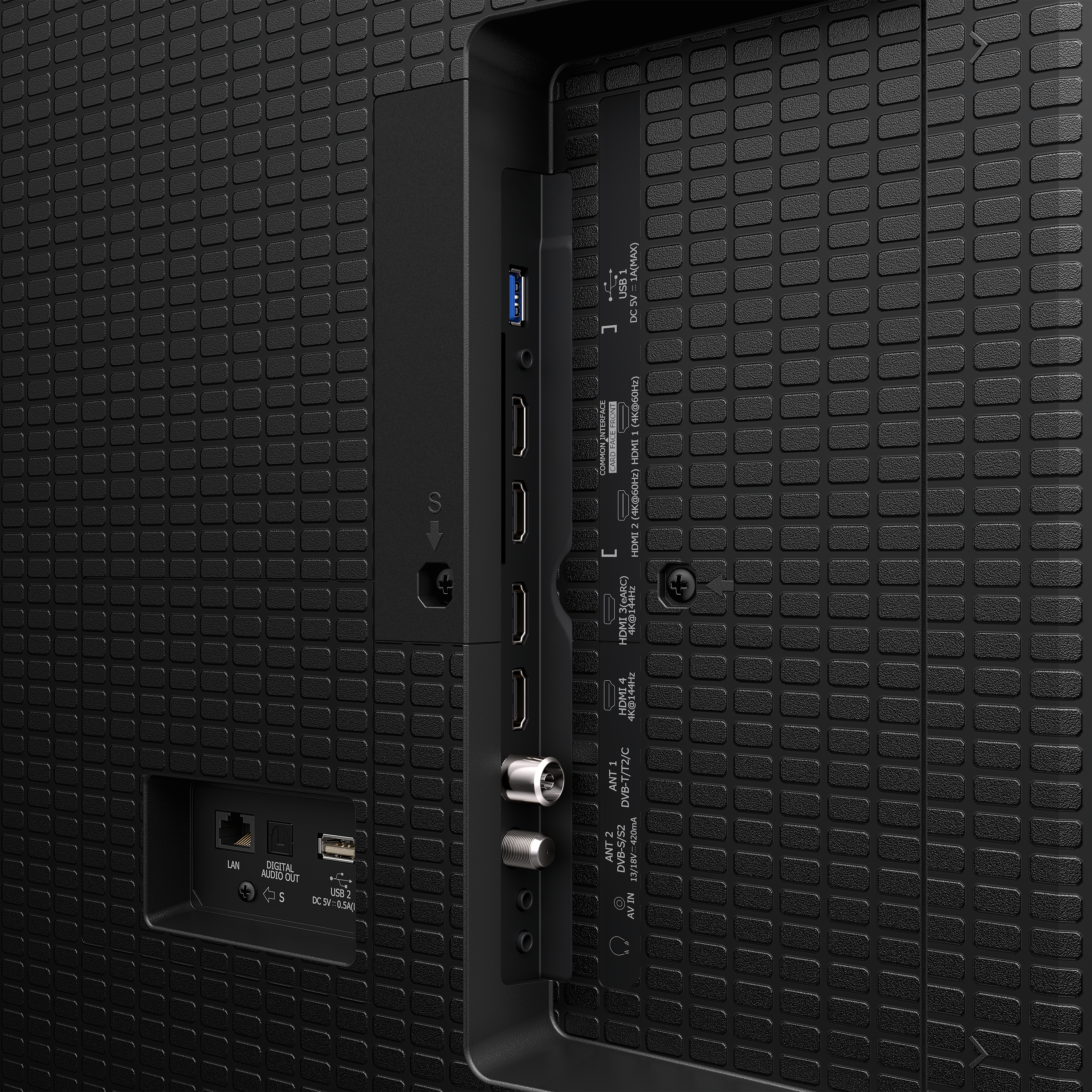 Nahaufnahme von TV-Anschlüssen: HDMI, USB, LAN und Antennenanschlüsse sind auf schwarzer Textur sichtbar.