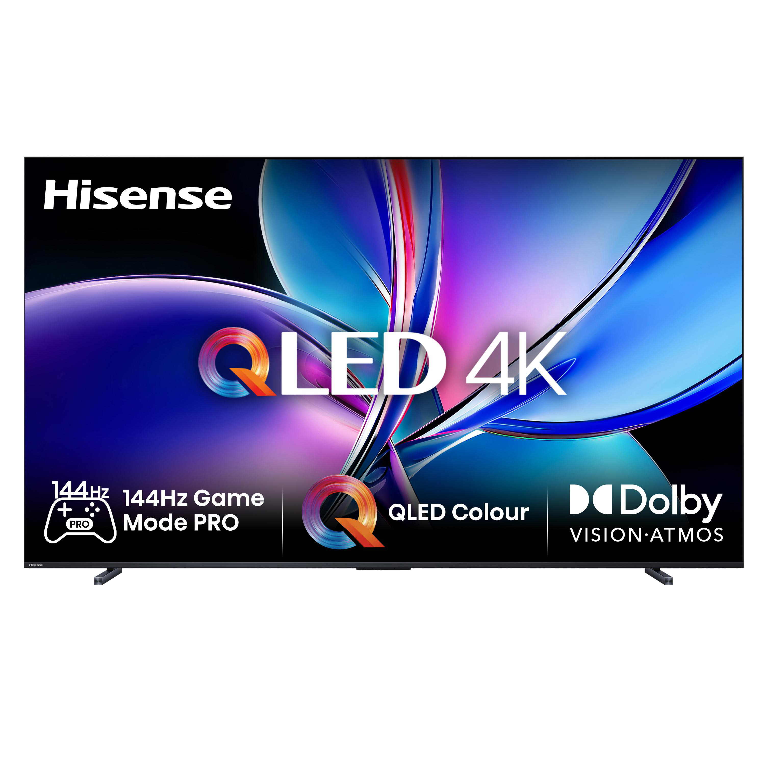 Ein Hisense QLED 4K-Fernseher. Zu den Merkmalen gehören 144Hz, Game Mode PRO, QLED Colour und Dolby Vision Atmos.