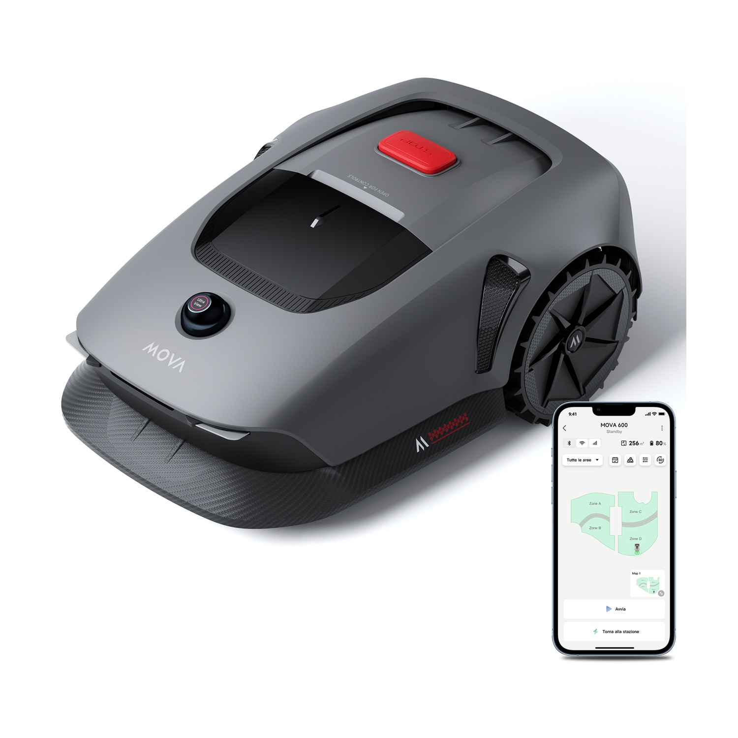 Un tosaerba robot MOVA grigio con pulsante rosso, accanto a uno smartphone che mostra una mappa del prato.
