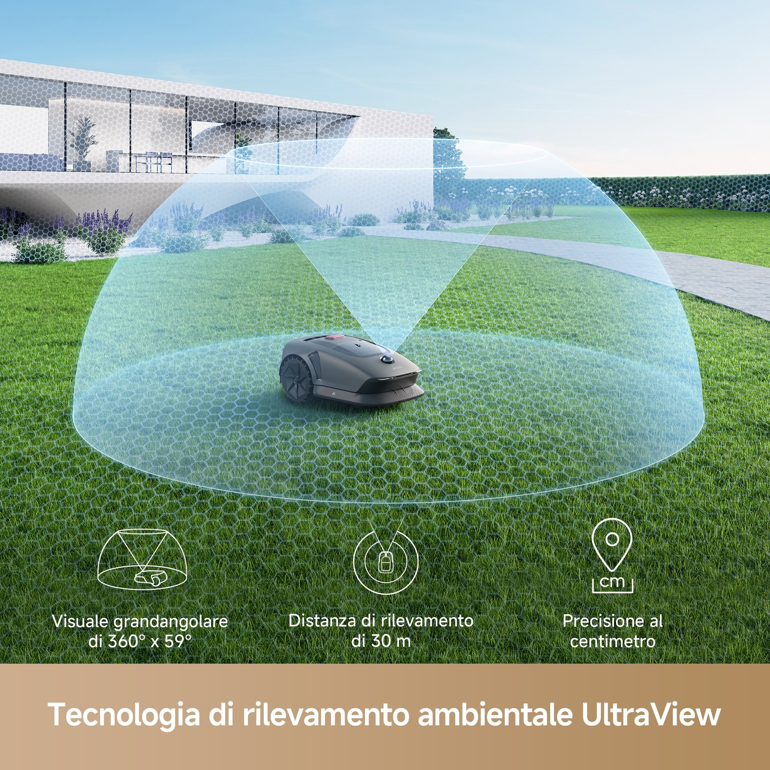 Un robot tosaerba su erba verde. Ha un campo di rilevamento blu. Una casa moderna sullo sfondo.