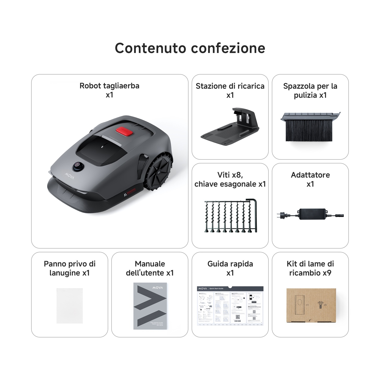 Contenuto: tosaerba robotico, stazione di ricarica, spazzola, viti, adattatore, panno, manuale, guida rapida e lame.