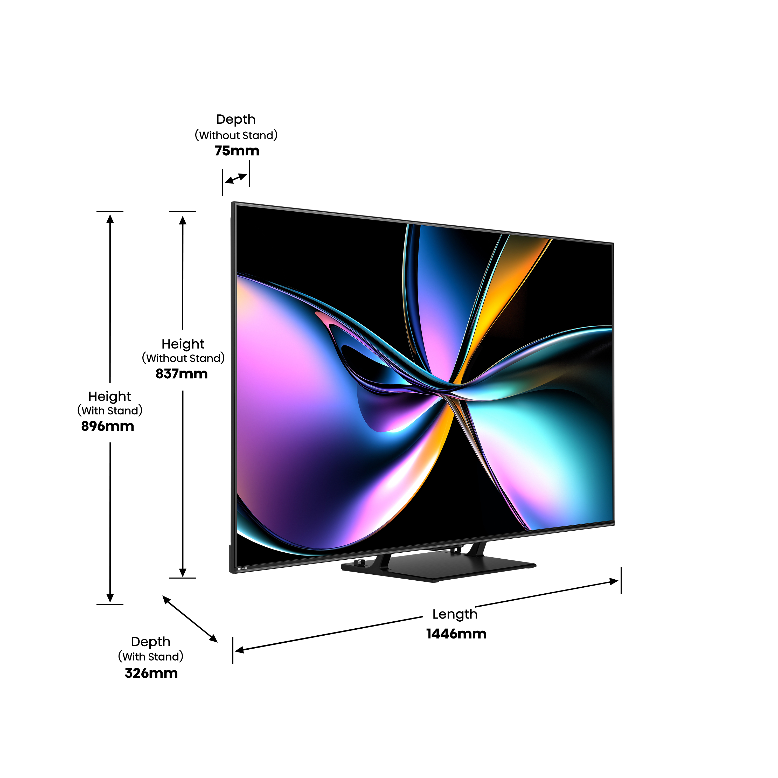 Ein Fernseher mit schwarzem Rahmen, Maße werden angezeigt. Bildschirm zeigt farbenfrohes, abstraktes Design. Maße für Höhe, Tiefe und Länge sind angegeben.