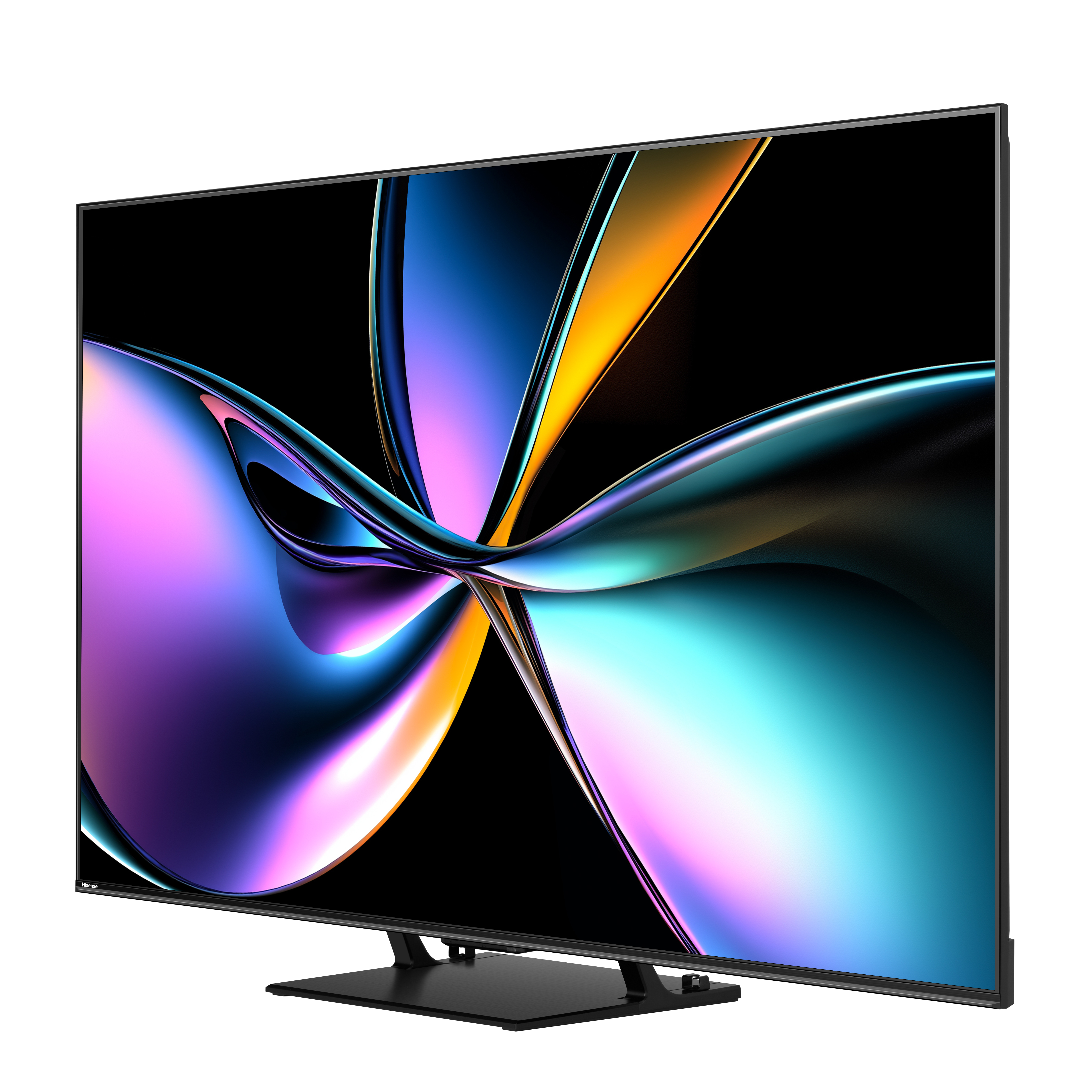 Ein Fernseher zeigt ein abstraktes, farbenfrohes Design. Er hat einen schwarzen Rahmen und Ständer, vor weißem Hintergrund.