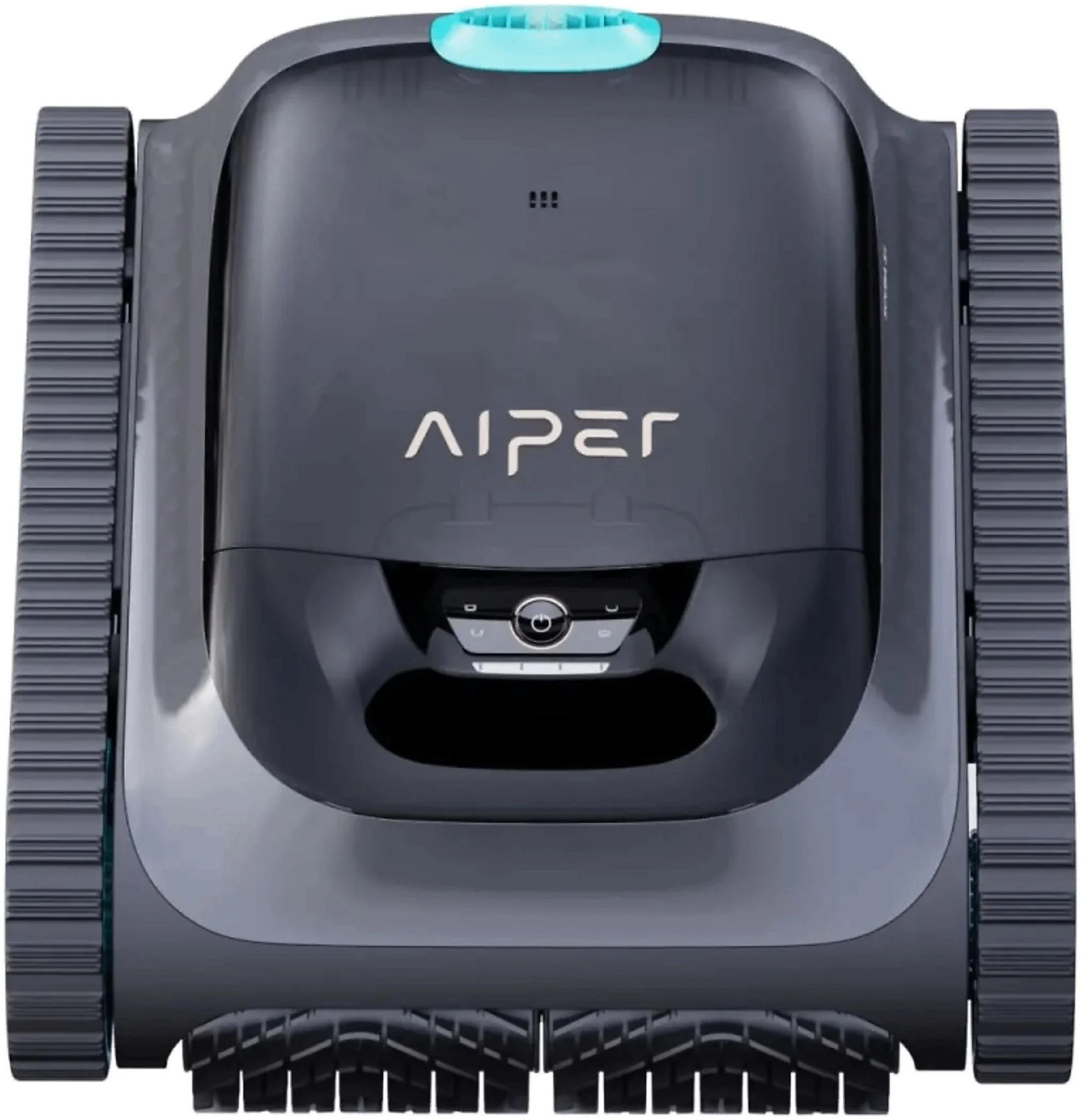 Felülnézet egy sötétszürke robotmedence-tisztítóról, lánctalpakkal és az Aiper márkajelzéssel.