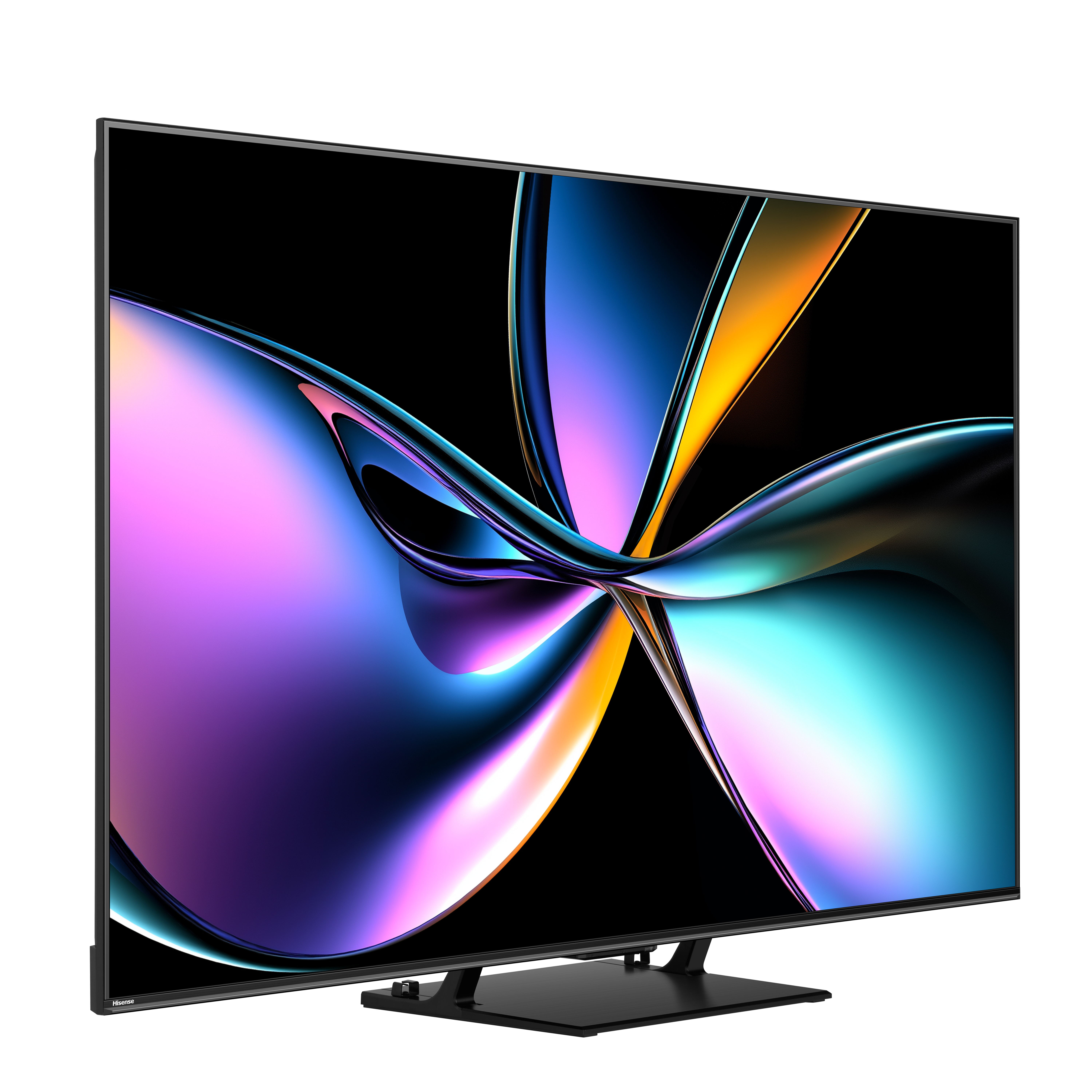 Ein Hisense-Fernseher zeigt ein farbenfrohes abstraktes Design. Der Fernseher ist schwarz mit einem schwarzen Ständer auf weißem Hintergrund.