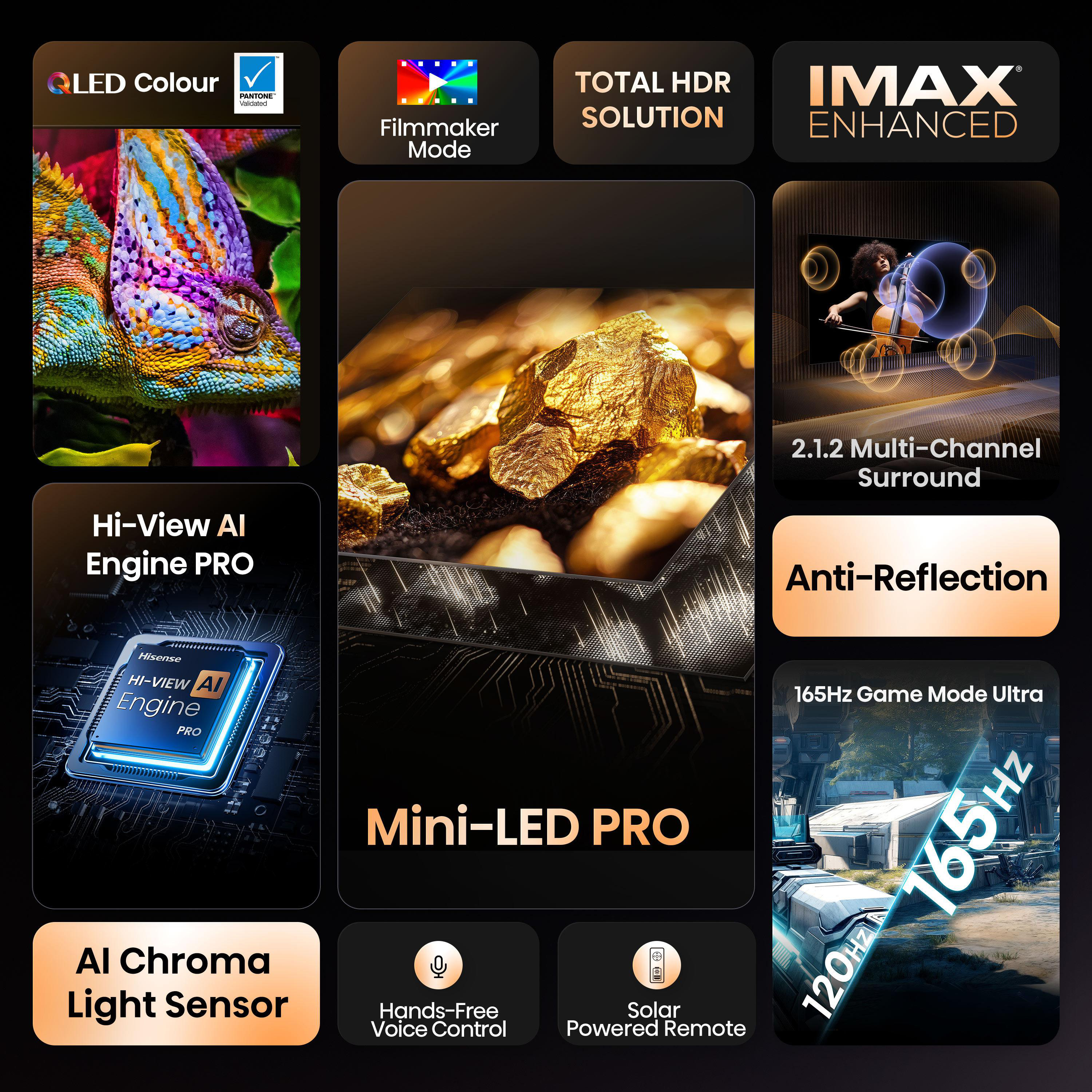 TV-Funktionen: QLED, Filmmaker-Modus, IMAX Enhanced, Mini-LED, AI Engine, Anti-Reflexion, 165Hz, Sprachsteuerung, Solar-Fernbedienung.
