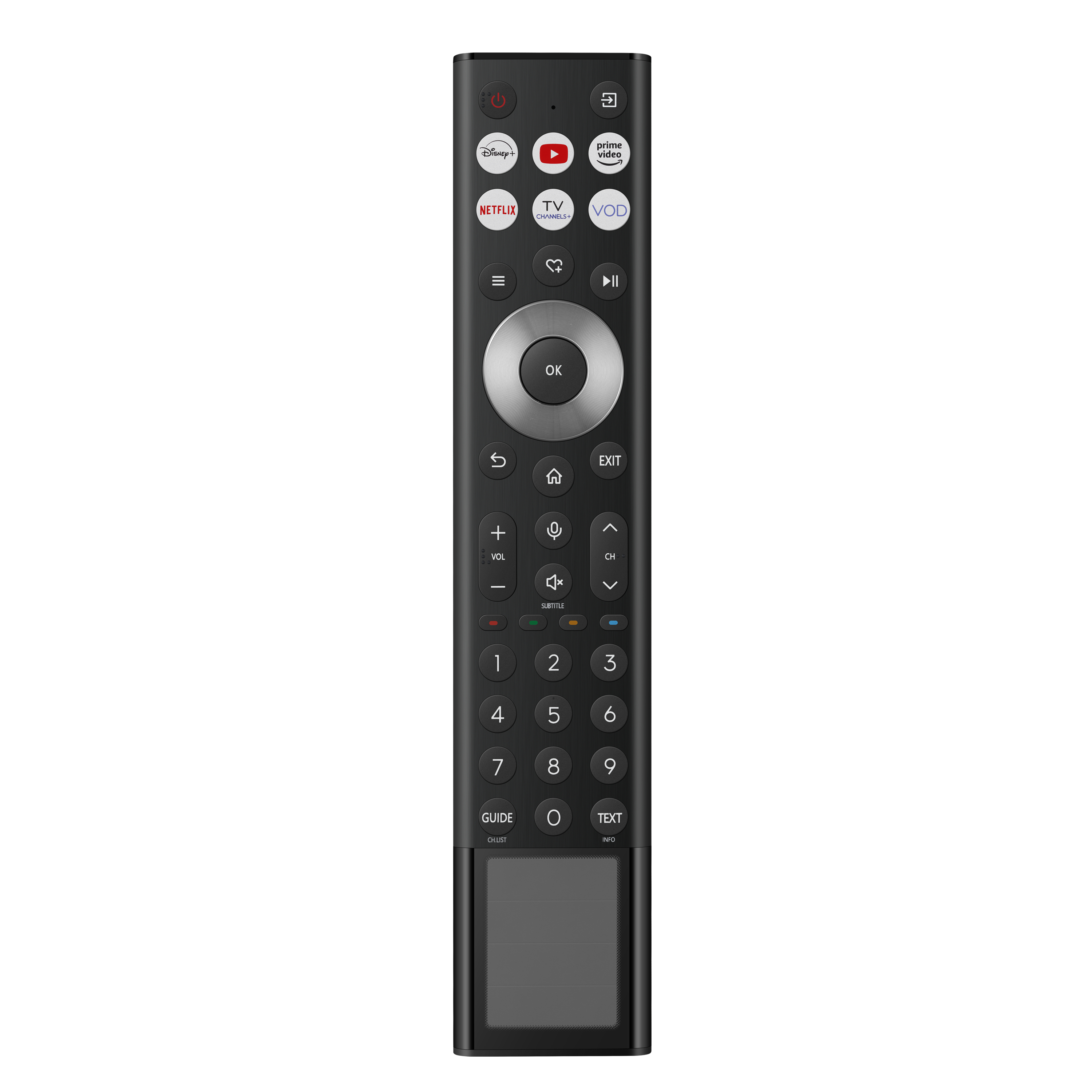 Schwarze TV-Fernbedienung mit Tasten, einschließlich Ein/Aus, Streaming-Apps, Zahlen, Lautstärke, Kanal und Touchpad.