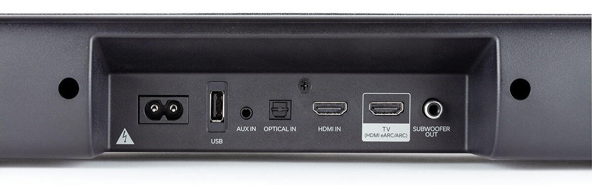 Panel tylny soundbaru z zasilaniem, USB, AUX, optycznym, HDMI i subwooferem. Czarny kolor.