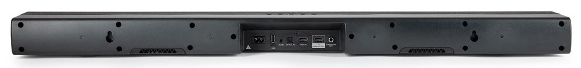 Widok z tyłu czarnego soundbaru, z portami zasilania, USB, HDMI i aux. Ma otwory montażowe i wentylację.