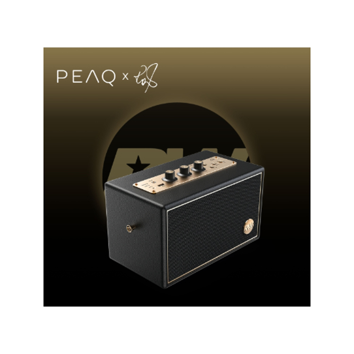 Altoparlante nero con finiture e comandi dorati. Logo PEAQ x Lof in alto. Sfondo scuro con forma rotonda.
