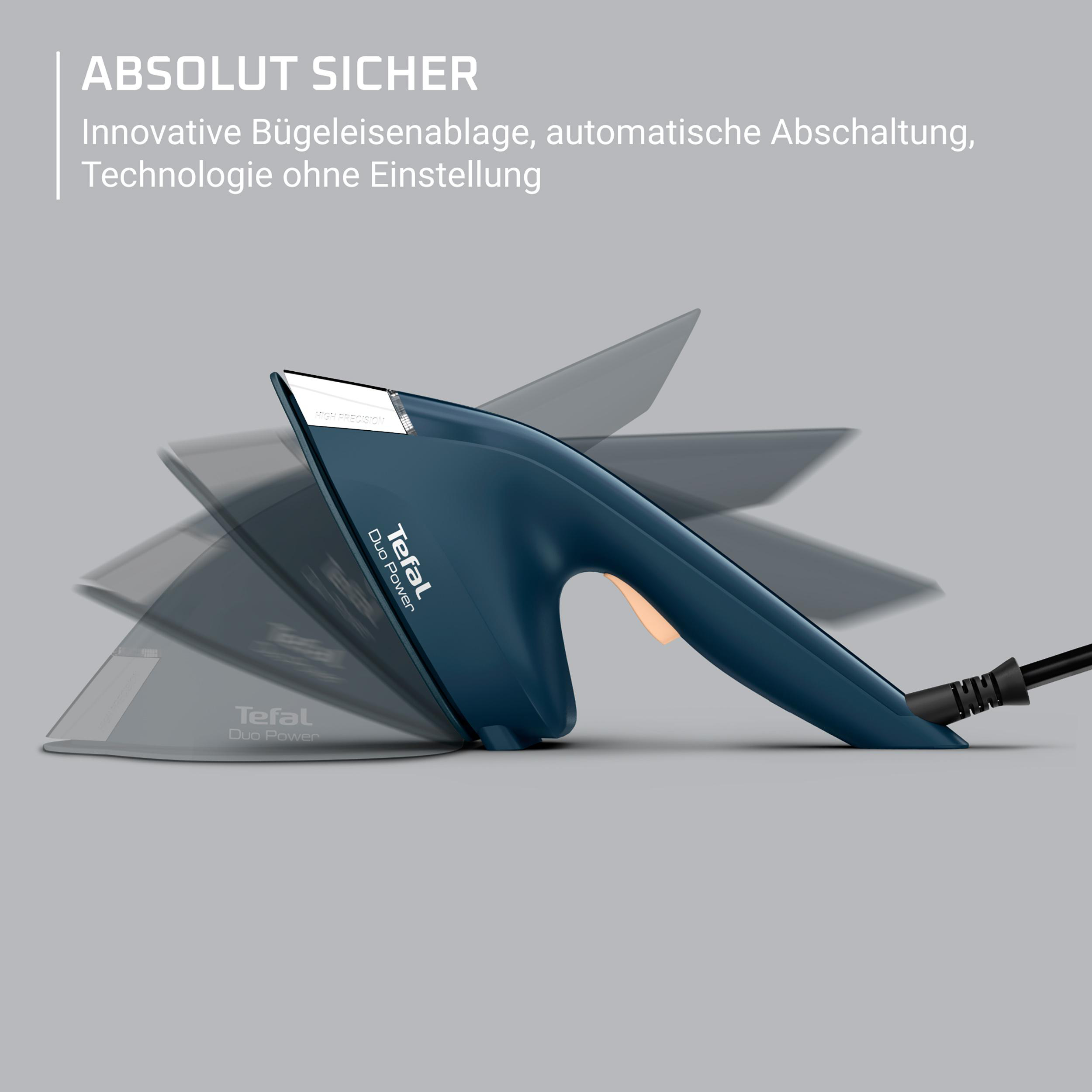 Ein blaues Bügeleisen auf grauem Hintergrund, mit Bewegungsunschärfe. Text: 'ABSOLUT SICHER' und 'Tefal Duo Power'.