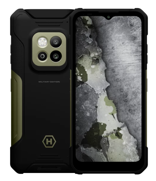 Wytrzymały smartfon, czarny i oliwkowy, z wieloma aparatami i teksturowanym tyłem. Ekran wyświetla teksturowane szare tło.