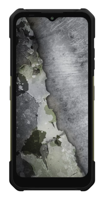 Wytrzymały smartfon z teksturowanym ekranem wyświetlającym łuszczącą się farbę na metalu. Telefon ma czarno-oliwkową ramkę.