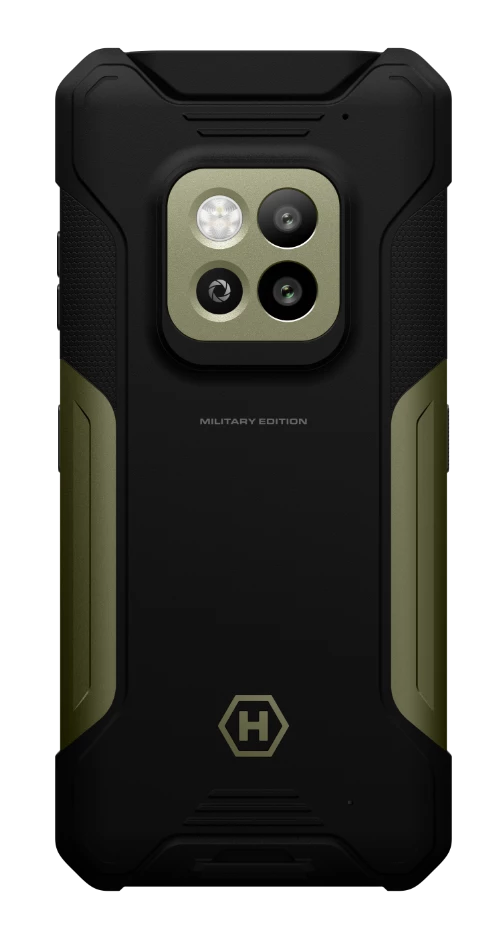 Czarny i oliwkowy telefon w edycji wojskowej. Posiada moduł kamery z czterema obiektywami i lampą błyskową.