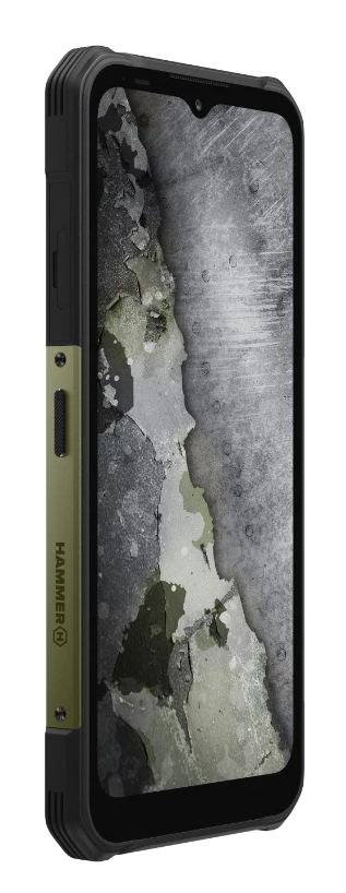 Wytrzymały smartfon. Czarna ramka z oliwkowymi akcentami. Ekran pokazuje zniszczoną teksturę. Widoczne logo HAMMER. Boczne przyciski i aparat.