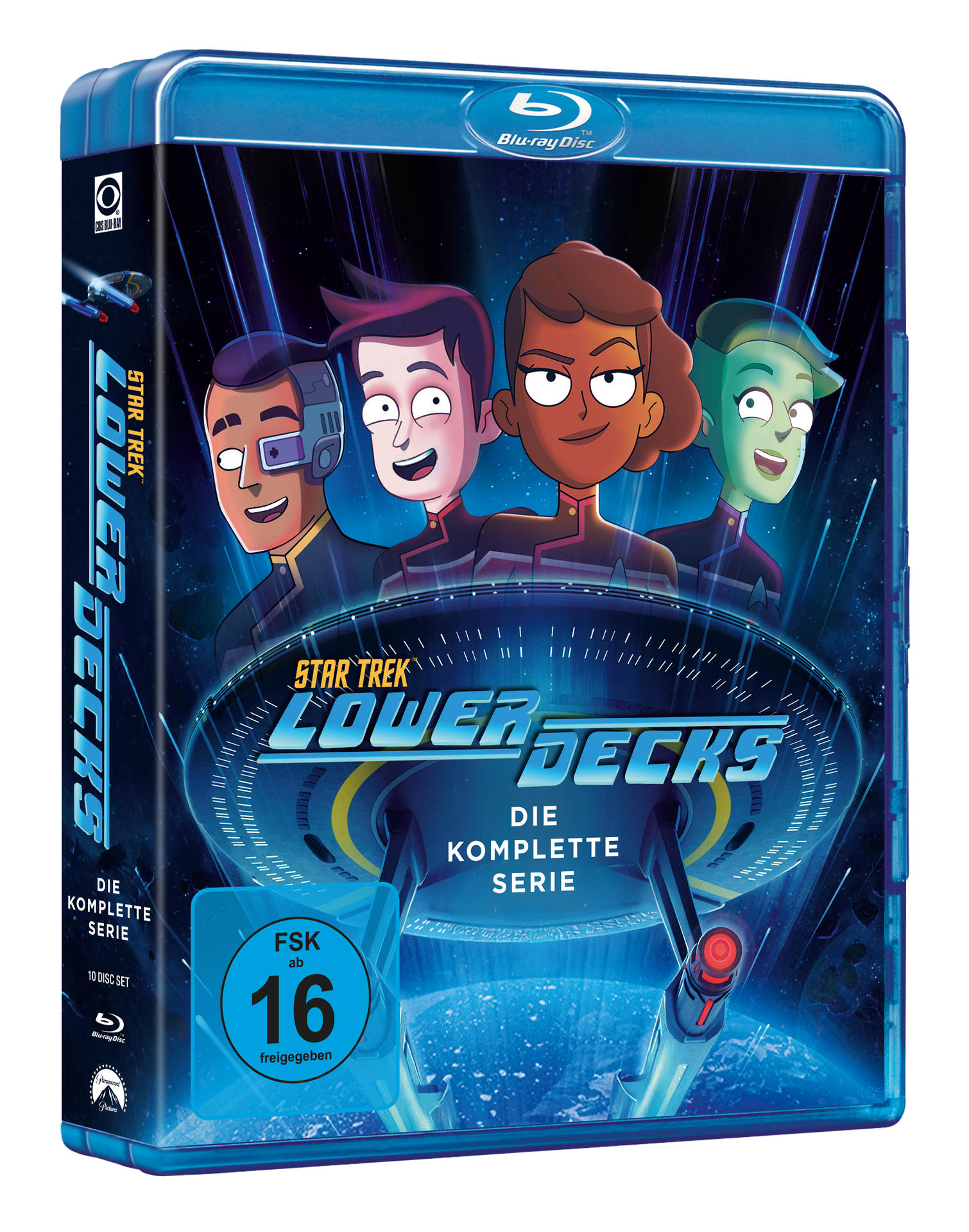 Blu-ray-Box-Set für Star Trek: Lower Decks. Zeigt vier Cartoon-Charaktere und ein Raumschiff vor blauem und schwarzem Hintergrund.