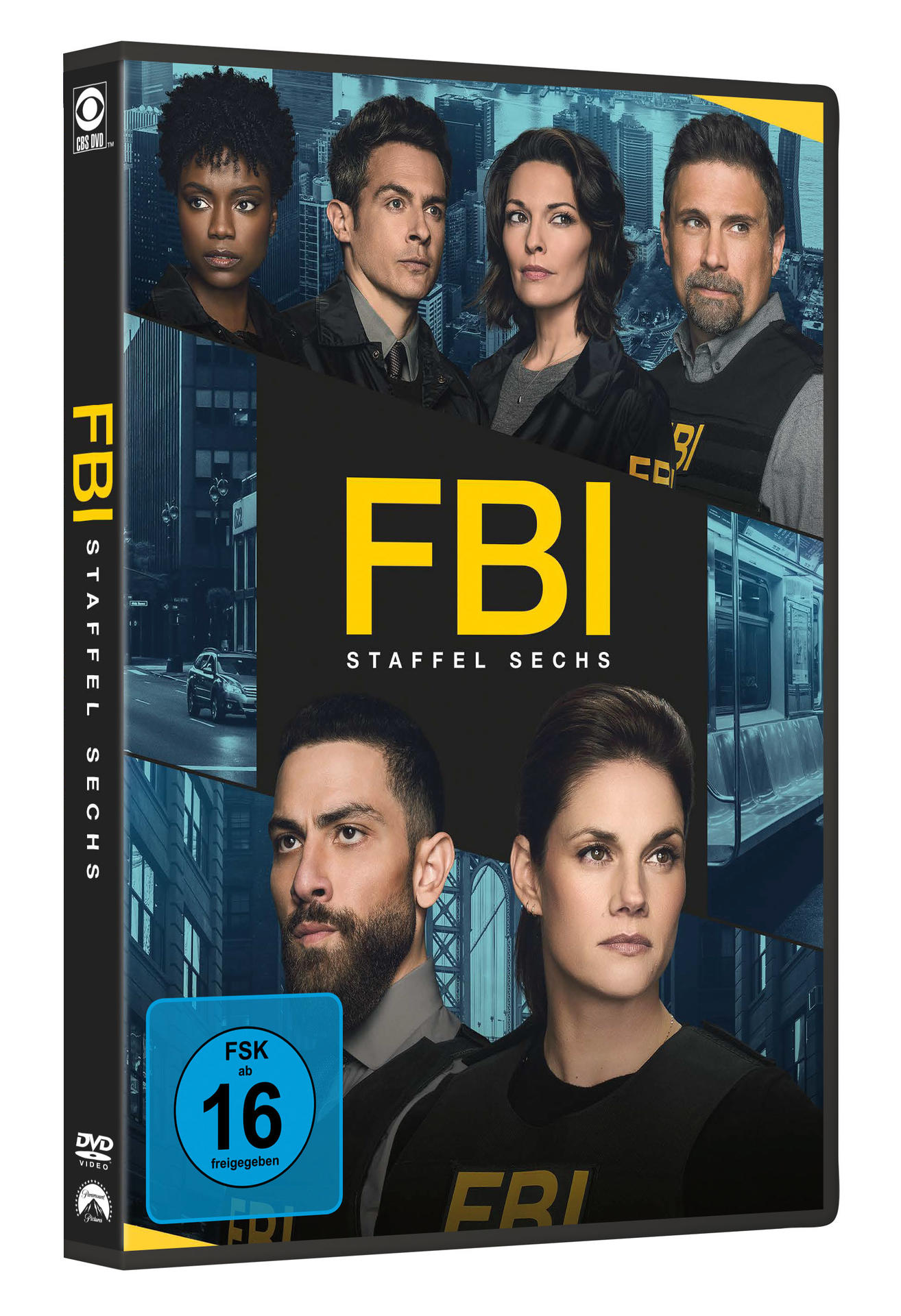 DVD-Cover von FBI Staffel Sechs. Zeigt Schauspieler, das Logo der Serie und ein Bewertungssymbol. Hintergrund zeigt Stadtlandschaften und einen Zug.