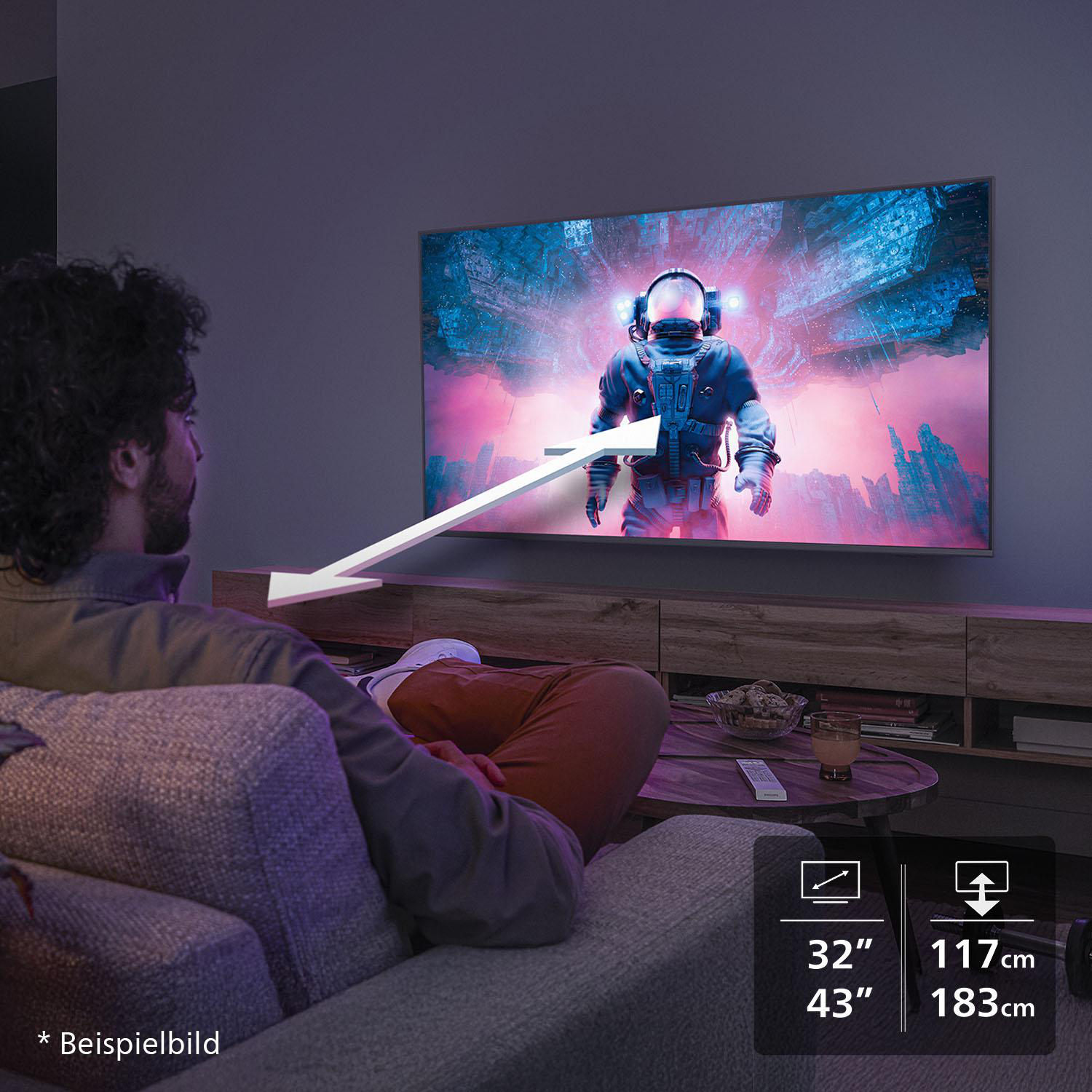 Mann sieht fern. Der Bildschirm zeigt einen Astronauten. Der Raum ist dunkel, mit Holzmöbeln. Pfeil zeigt vom Mann zum Fernseher.