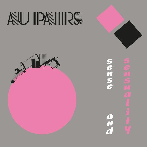 Grauer Hintergrund mit Text 'AU PAIRS', rosa Kreis, geometrischen Formen und den Wörtern 'sense and sensuality'.