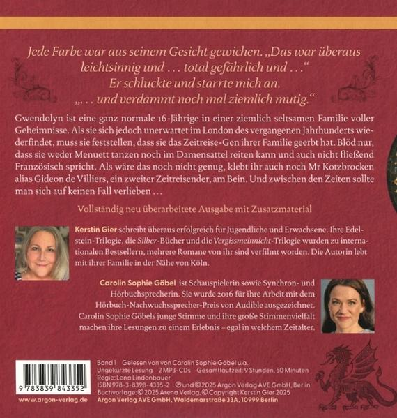 Buchcover mit Text, Autorenfotos und einem Drachen. Text auf Deutsch über Zeitreisen und Autoren.