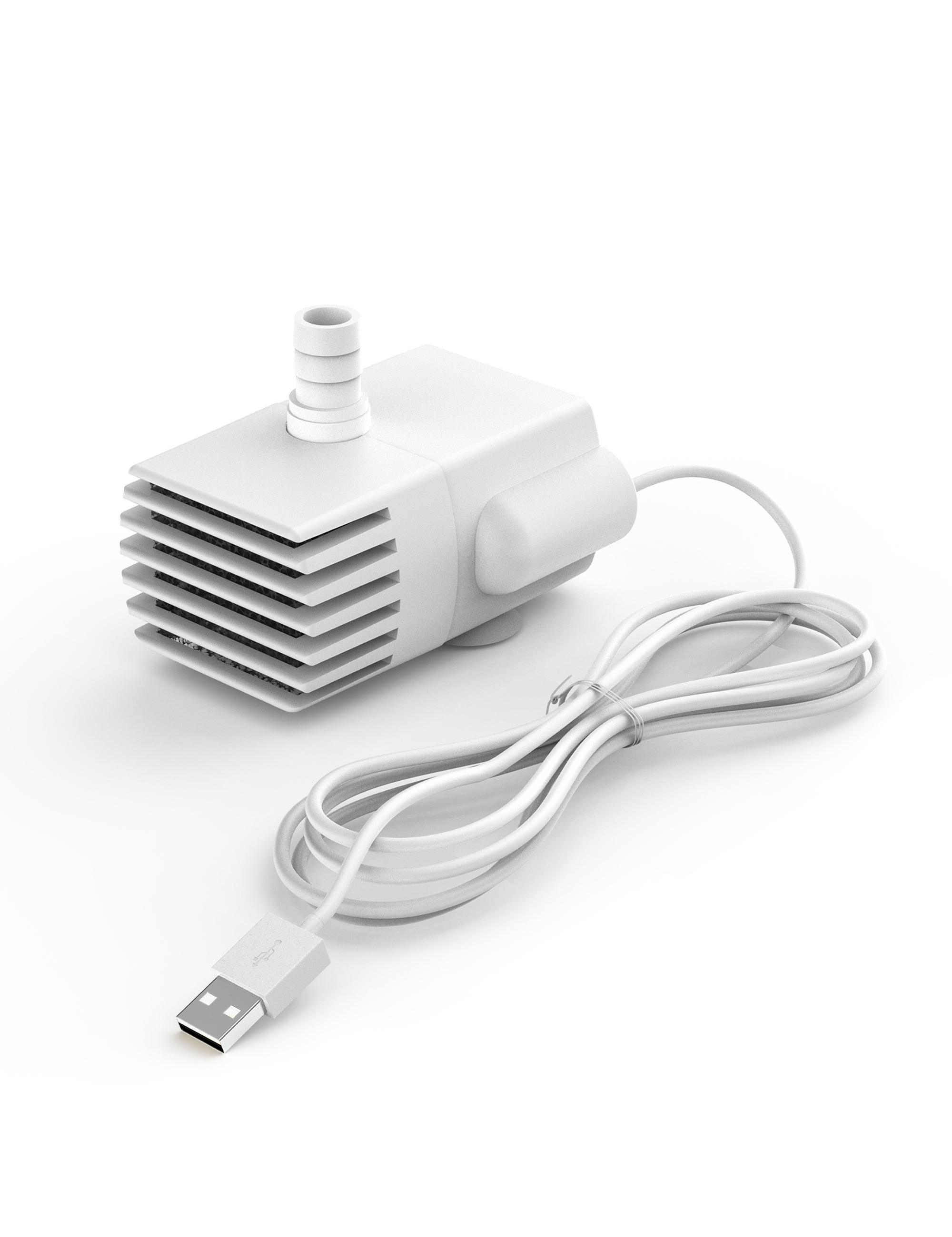 Weiße Wasserpumpe mit USB-Kabel. Die Pumpe hat einen zylindrischen Auslass und eine Reihe von Belüftungsöffnungen. Das Kabel ist aufgerollt.