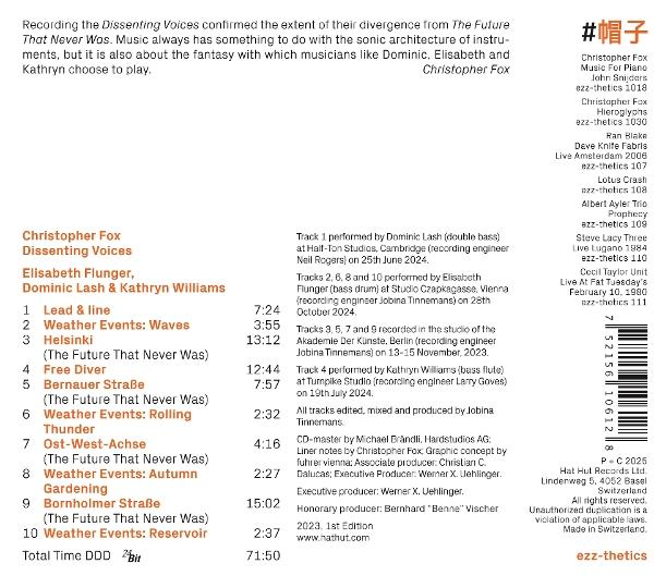CD-Cover mit Titelliste und Künstlerinformationen. Weißer Hintergrund mit schwarzem Text. Enthält Musikdetails und Copyright-Informationen.