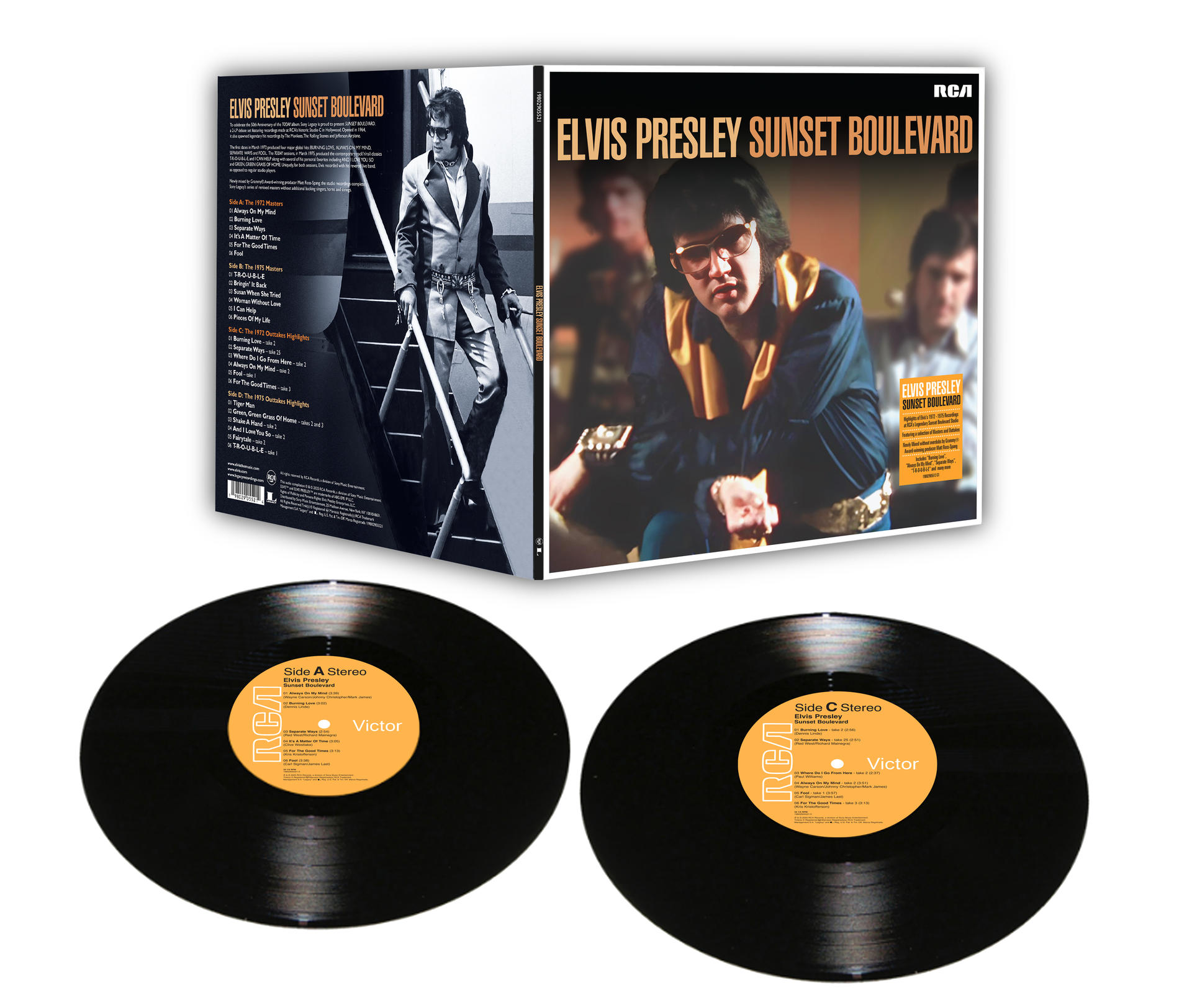 Elvis Presley's Sunset Boulevard album cover and two vinyl records. Front cover shows Elvis in sunglasses.