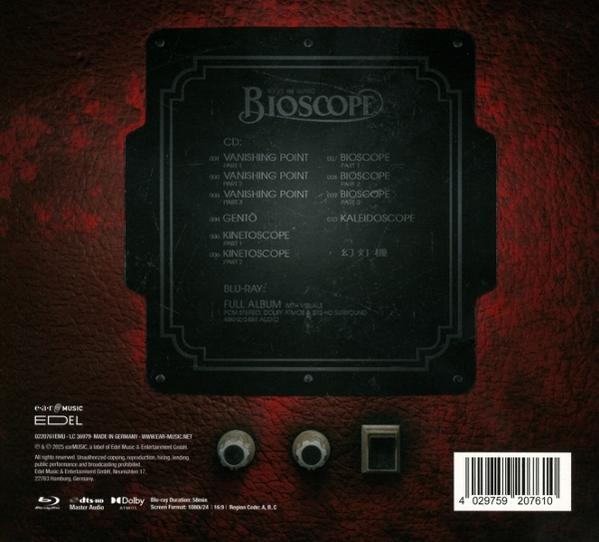 Rückseite der CD-Hülle. Titel: Bioscope. Listet Songs und Credits auf. Rotes und schwarzes Design mit Barcode.