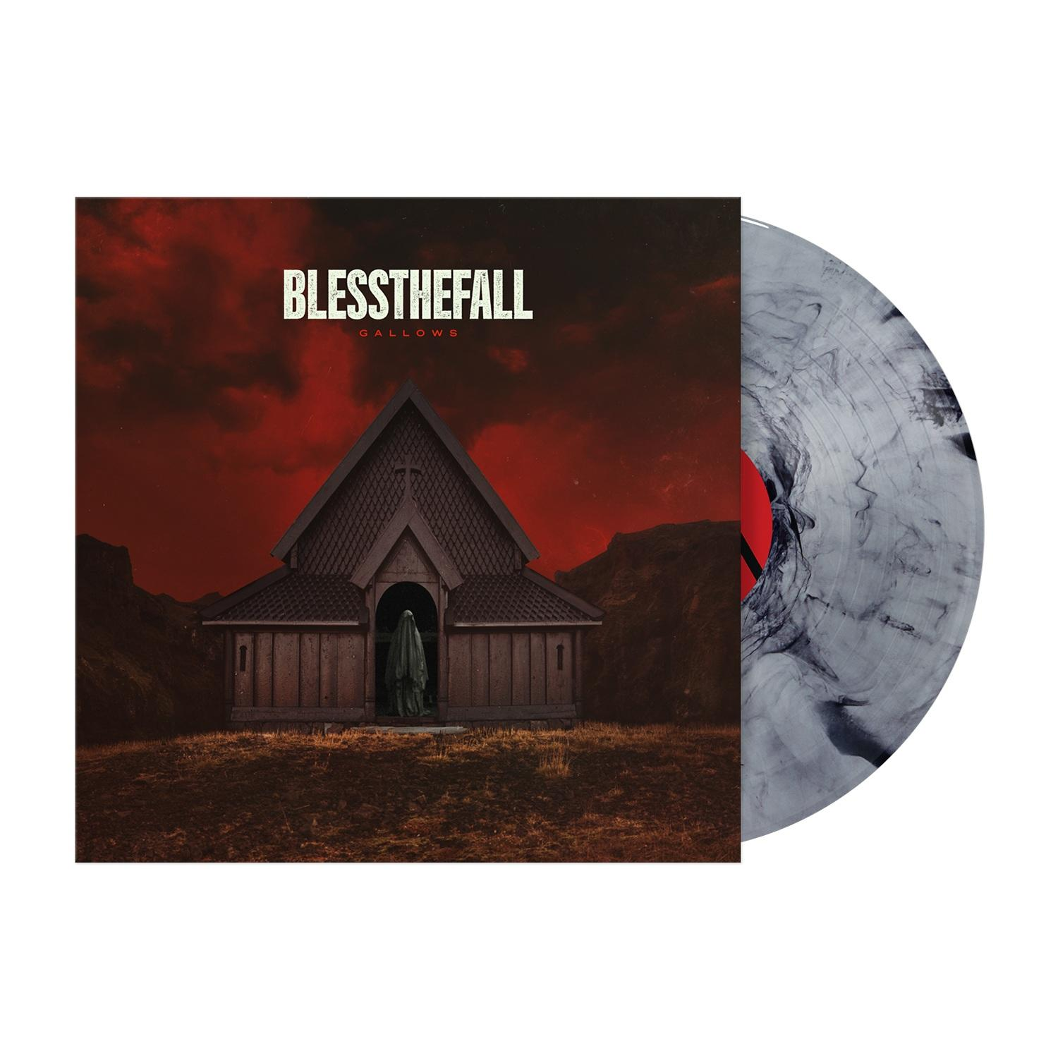 Albumcover: Kirche, Figur im Türrahmen, roter Himmel, Schallplatte. Bandname BlessTheFall, Albumname Gallows.