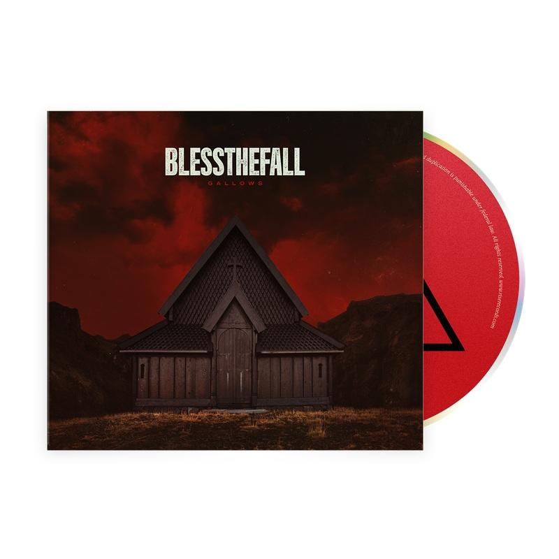 Albumcover: Holzkirche unter rotem Himmel. Titel: BLESSTHEFALL. Teilweise sichtbare rote CD mit schwarzem Dreieck.
