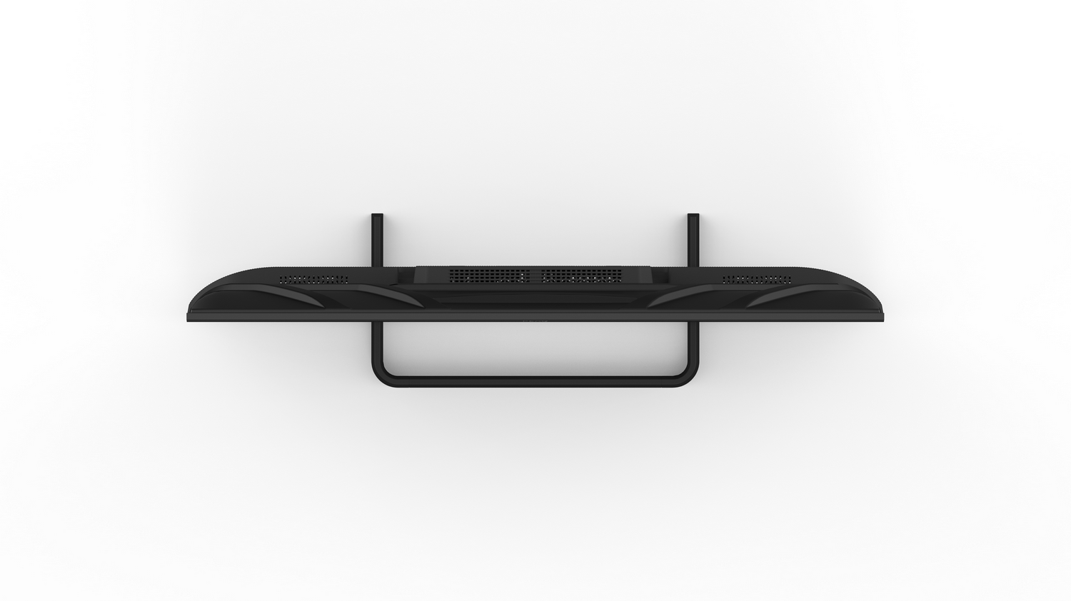 Un televisor negro está montado en una pared blanca. El televisor tiene una parte superior curva y un soporte de metal.